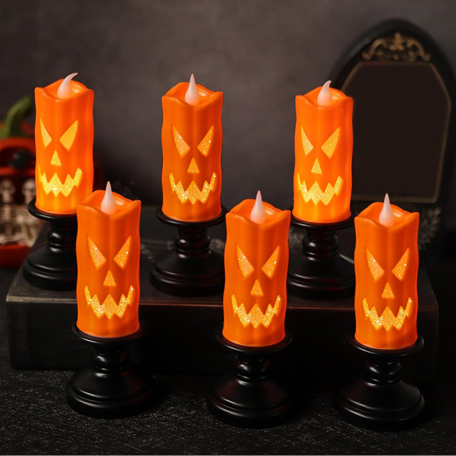6-teiliges Halloween-dekorationsset Für Drinnen: Led-kerze, Kürbislaterne