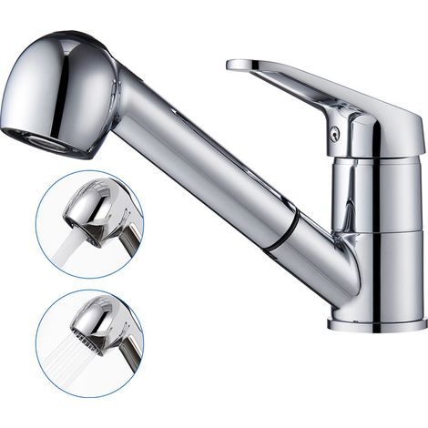 Auralum Küchenarmatur Mit Ausziehbrause, 2 Strahlarten, Verchromter Messing-spültischmischer, 360° Schwenkbar, Einloch-anschluss, Warm- Und Kaltwasser