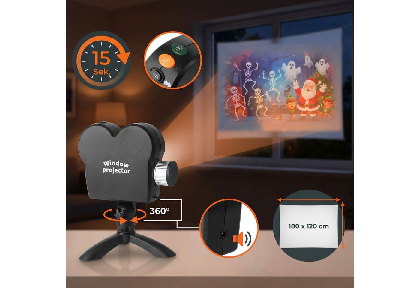 Fensterprojektor Für Innen Mit 12 Filmen - 6x Halloween & 6x Weihnachten - Deko Projektor Im Retro Design Inklusive Leinwand Und Stativ