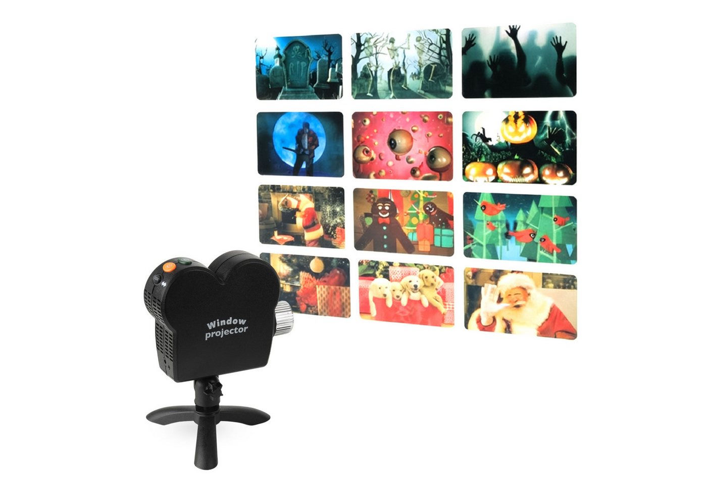 Fensterprojektor Für Innen Mit 12 Filmen - 6x Halloween & 6x Weihnachten - Deko Projektor Im Retro Design Inklusive Leinwand Und Stativ Bild 5