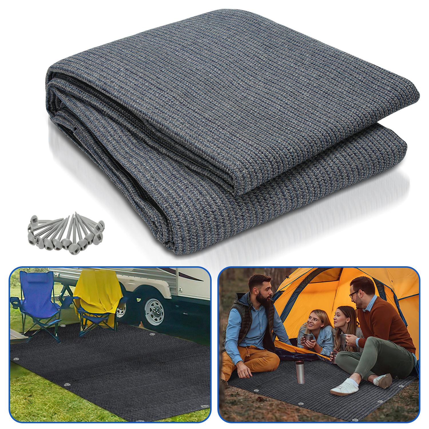 Tolletour Campingteppich Aus Hdpe, 240 G/m², Blaugrau - 400 X 600 Cm, 1 Teppich, Inkl. 13 Heringe, Uv-stabil, Beidseitig Nutzbar