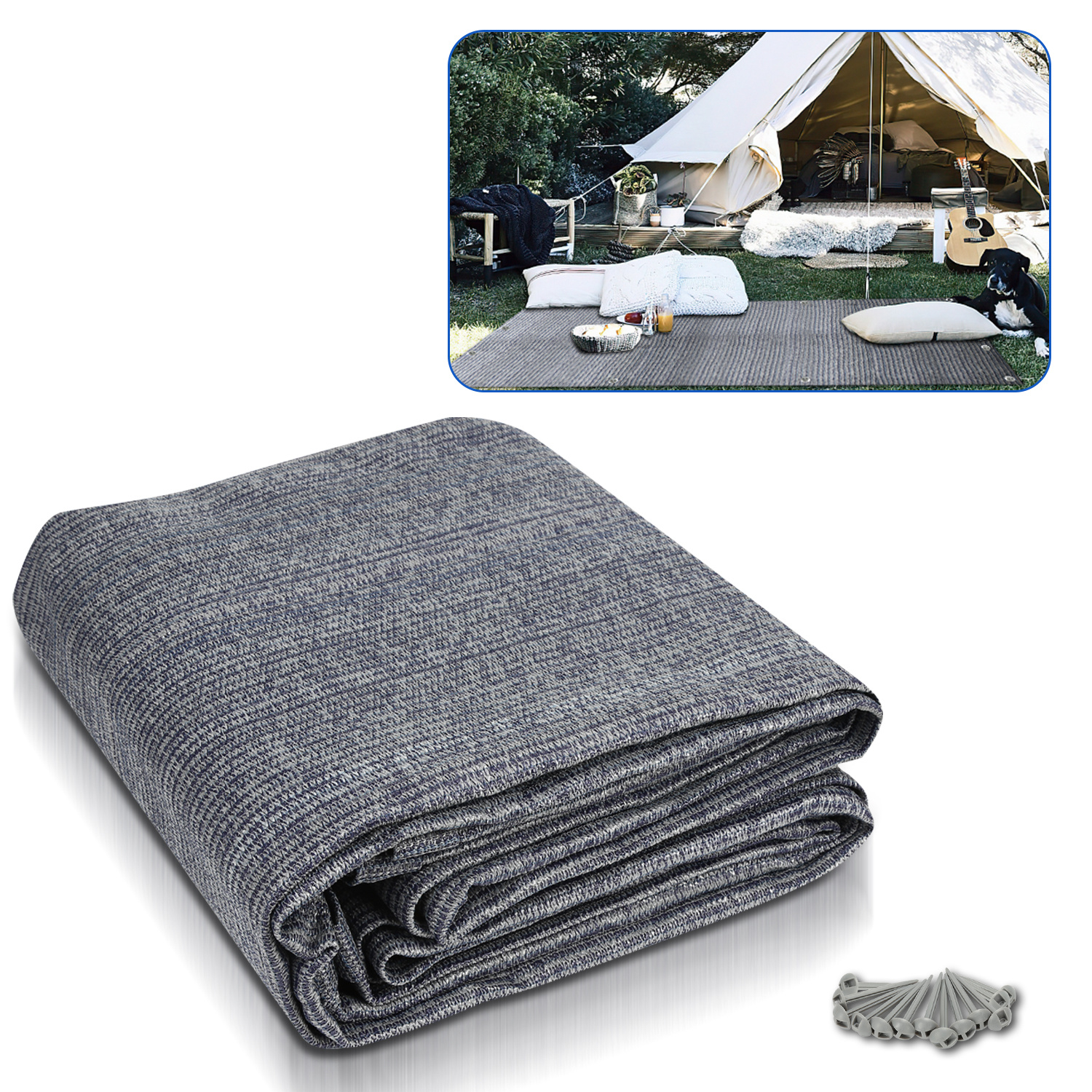Tolletour Campingteppich Aus Hdpe, 240 G/m², Blaugrau - 300 X 600 Cm, 1 Teppich, Inkl. 13 Heringe, Uv-stabil, Beidseitig Nutzbar