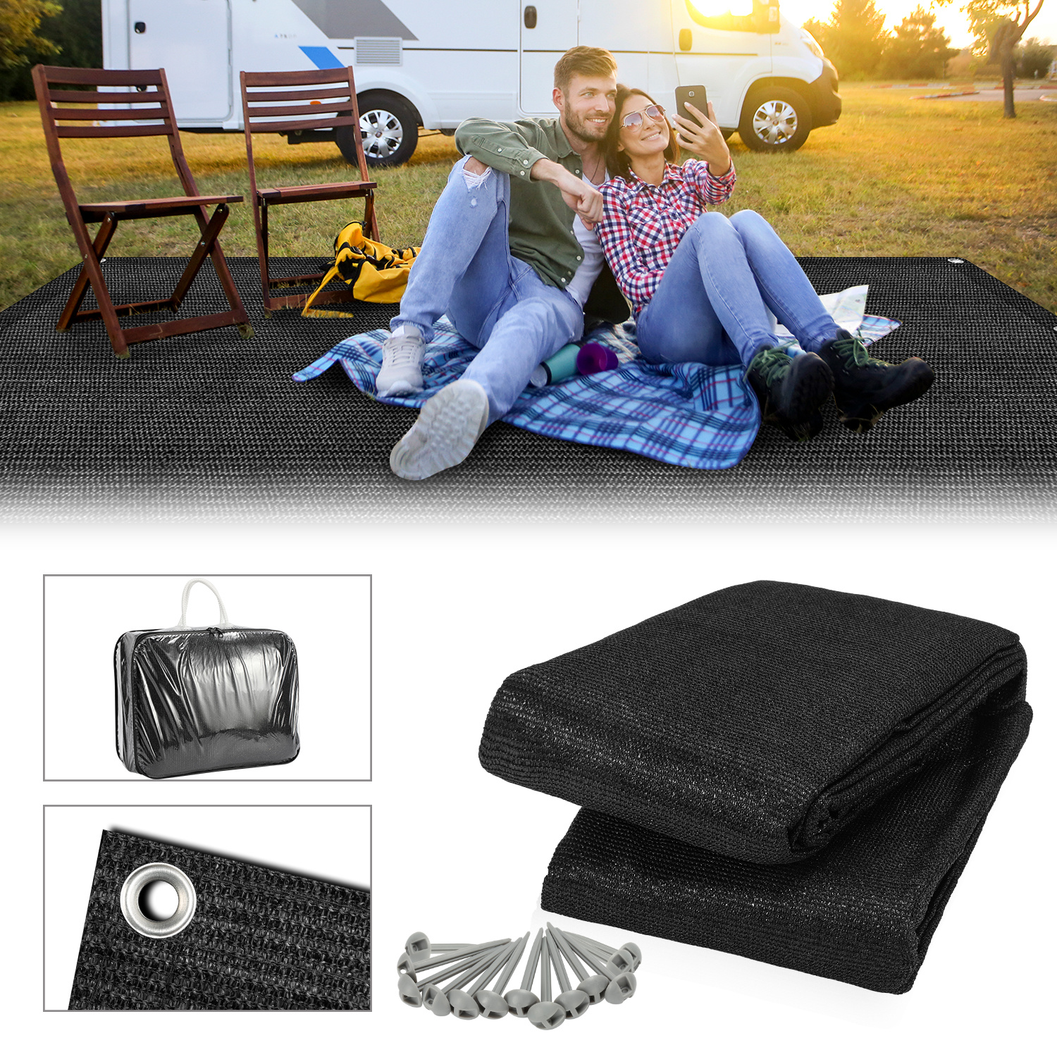 Tolletour Campingteppich Aus Hdpe, 240 G/m², Schwarz - 300 X 300 Cm, 1 Teppich, Inkl. 13 Heringe, Uv-stabil, Beidseitig Nutzbar