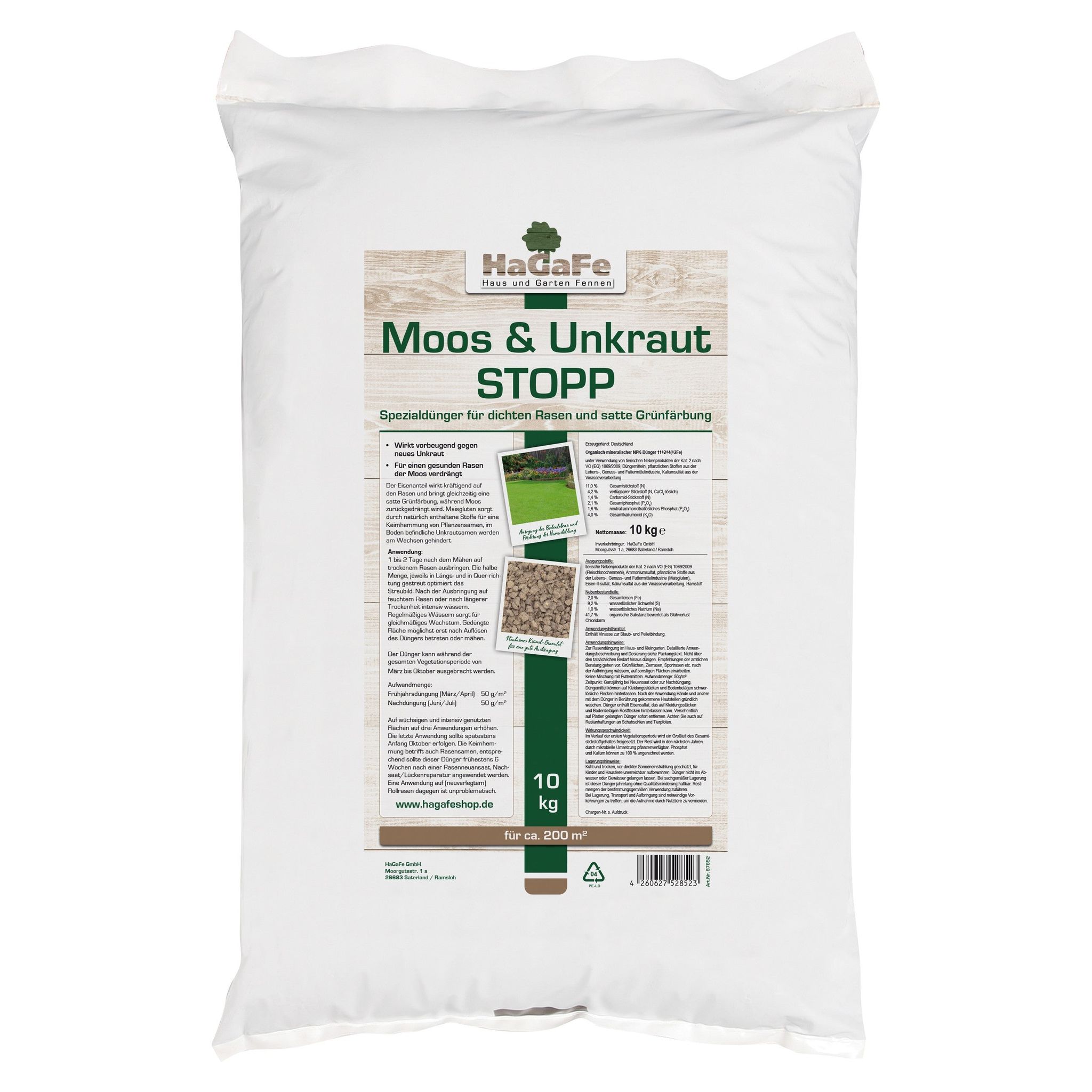 Hagafe Rasendünger Moos- Und Unkrautstopp Spezialdünger Ohne Pflanzenchutz 1 X 10kg