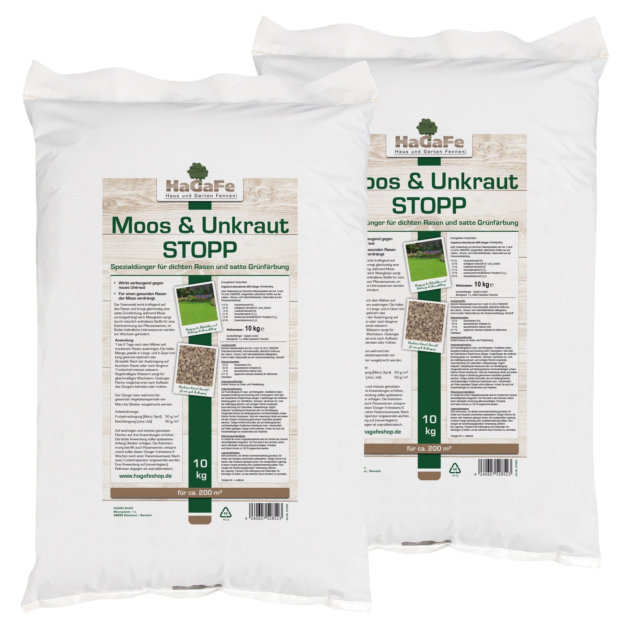 Hagafe Rasendünger Moos- Und Unkrautstopp Spezialdünger Ohne Pflanzenchutz 2 X 10kg