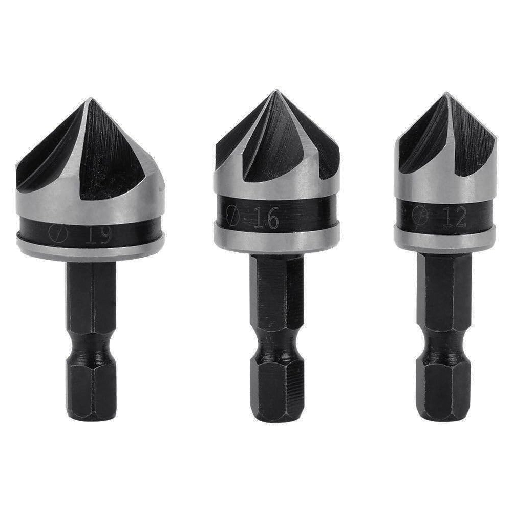 Set Mit 3 Sechskant-fasenbohrern Aus Kohlenstoffstahl, Fünfschneidig, 12, 16, 19 Mm, Geeignet Für Metall Und Holz