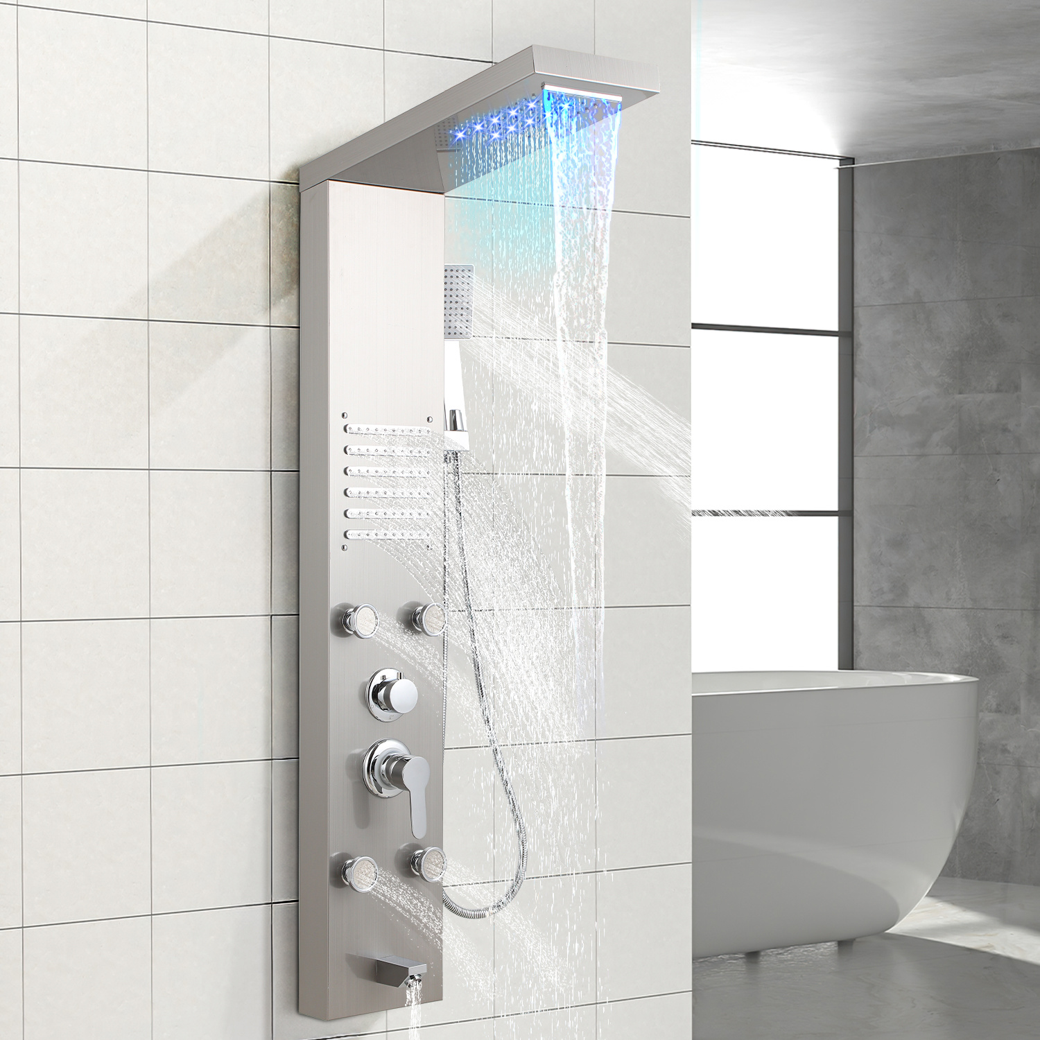 Jiubiaz Duschpaneel 5 In 1 Aus Edelstahl Silber Mit Led, Regendusche, Wasserfall, Massage, Wanneneinlauf Und Handbrause