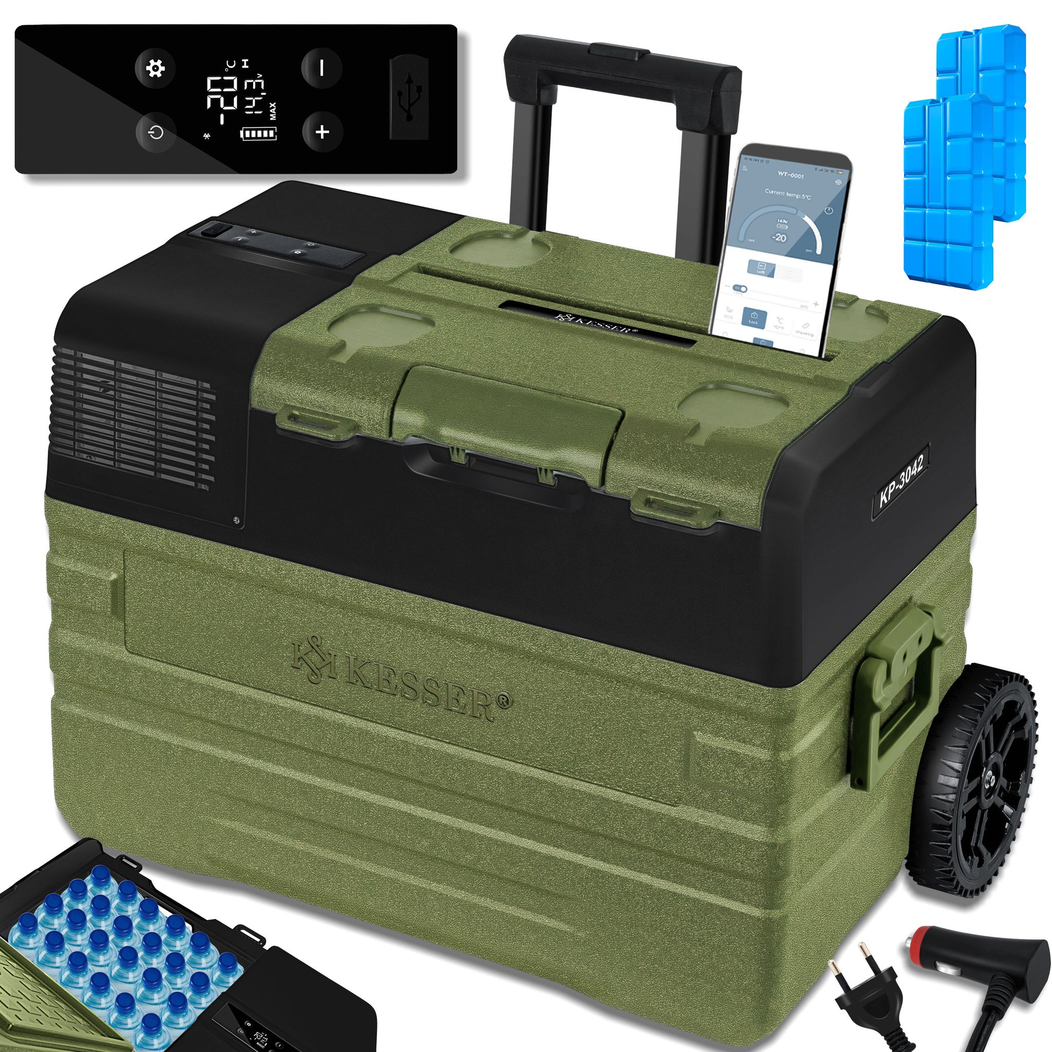 Kesser® Kompressor-kühlbox 42-52l, -20 °c, App-steuerung - 42 L, Khaki, Schwarz