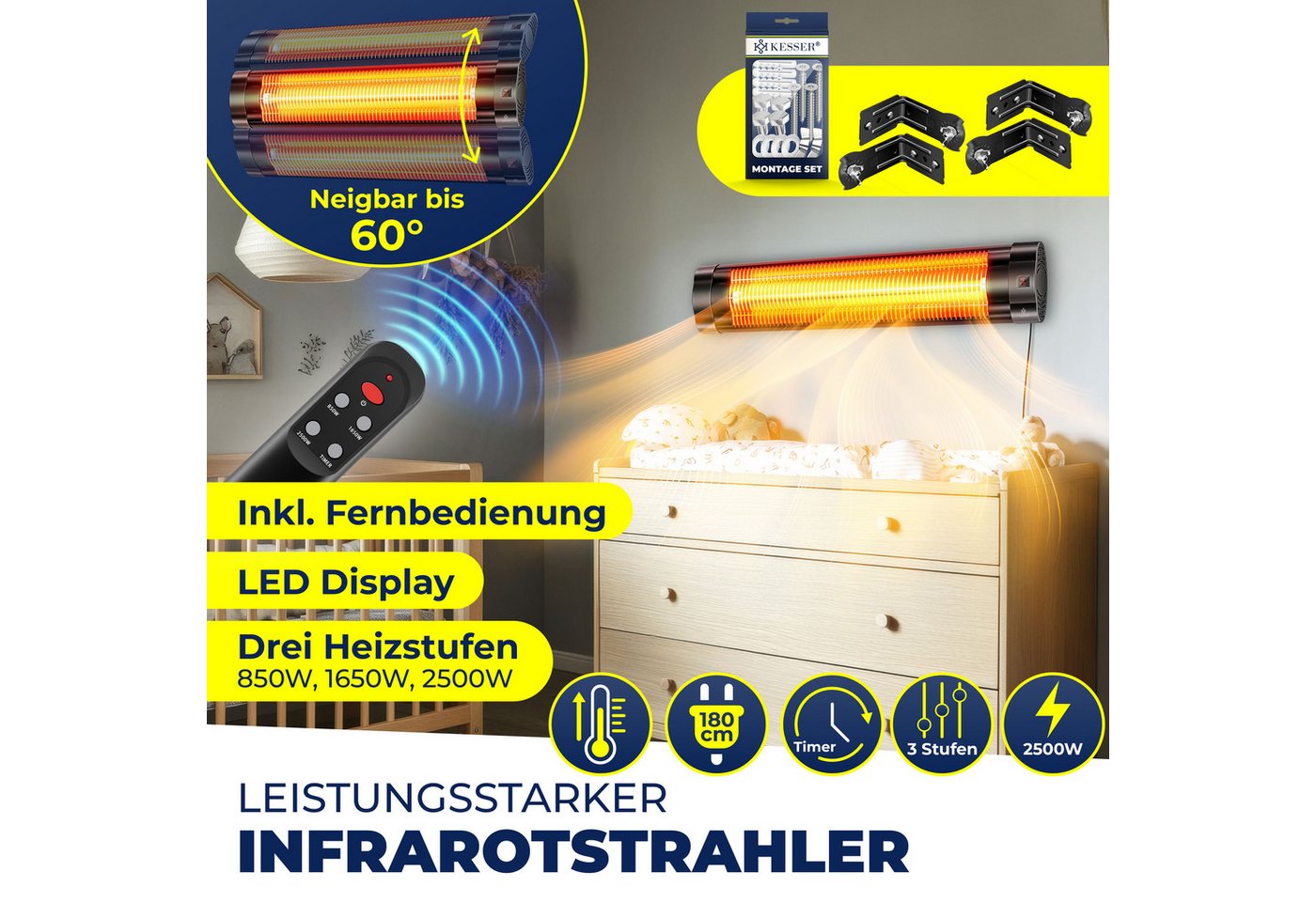 Kesser® Infrarotstrahler, 2500 W - 2500w Mit Fernbedienung ( Schwarz ) Bild 3