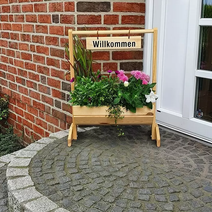 Promadino Pflanzkasten Willkommen (Außenmaß (L x B x H): 59 x 30 x 73 cm, Holz, Braun)