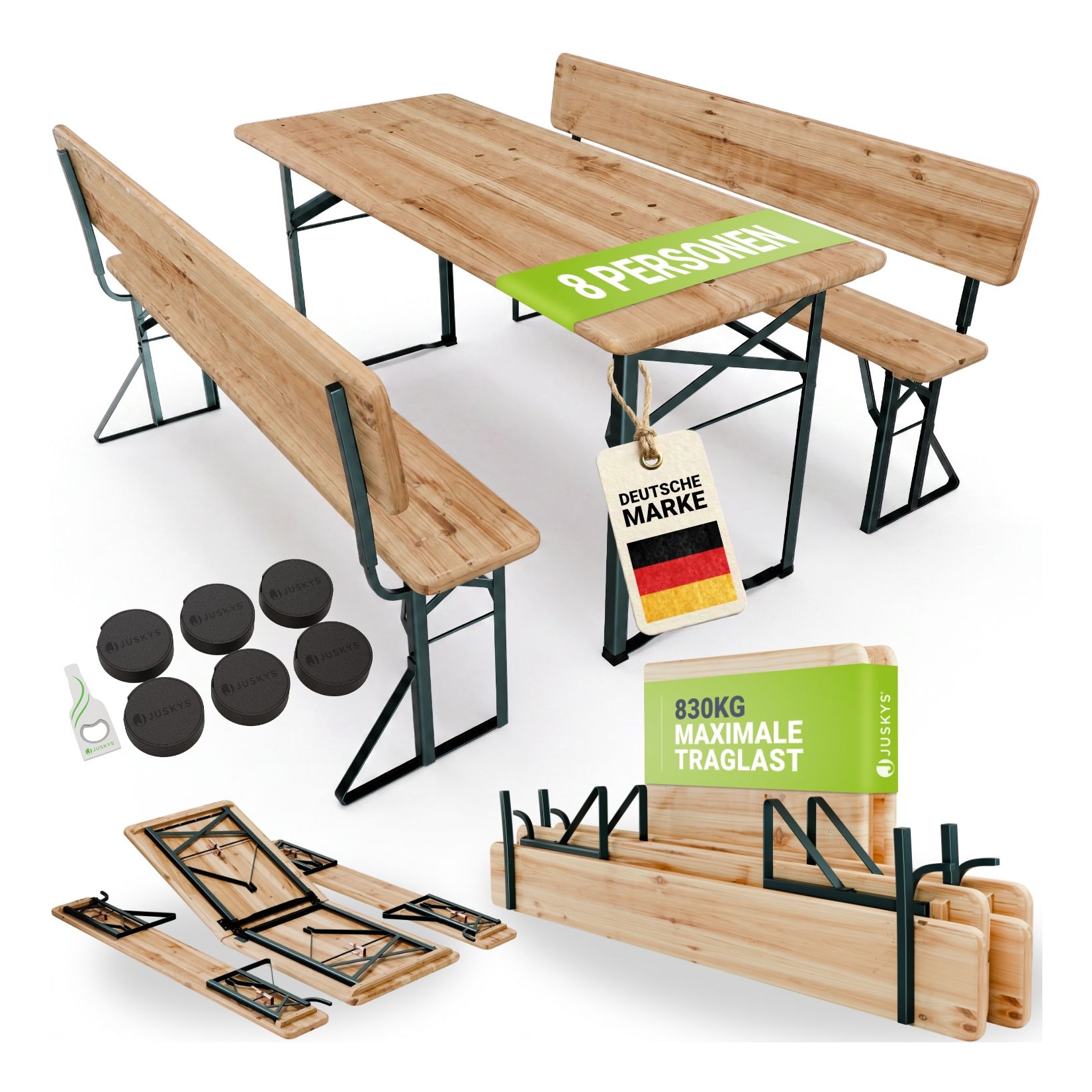 JUSKYS® Bierzeltgarnitur Kempten - Natur/Grün, klappbar mit ergonomischer Rückenlehne, wetterfeste Gartengarnitur, faltbar, inkl. 2 Bänke mit Tisch 170x70x75 cm