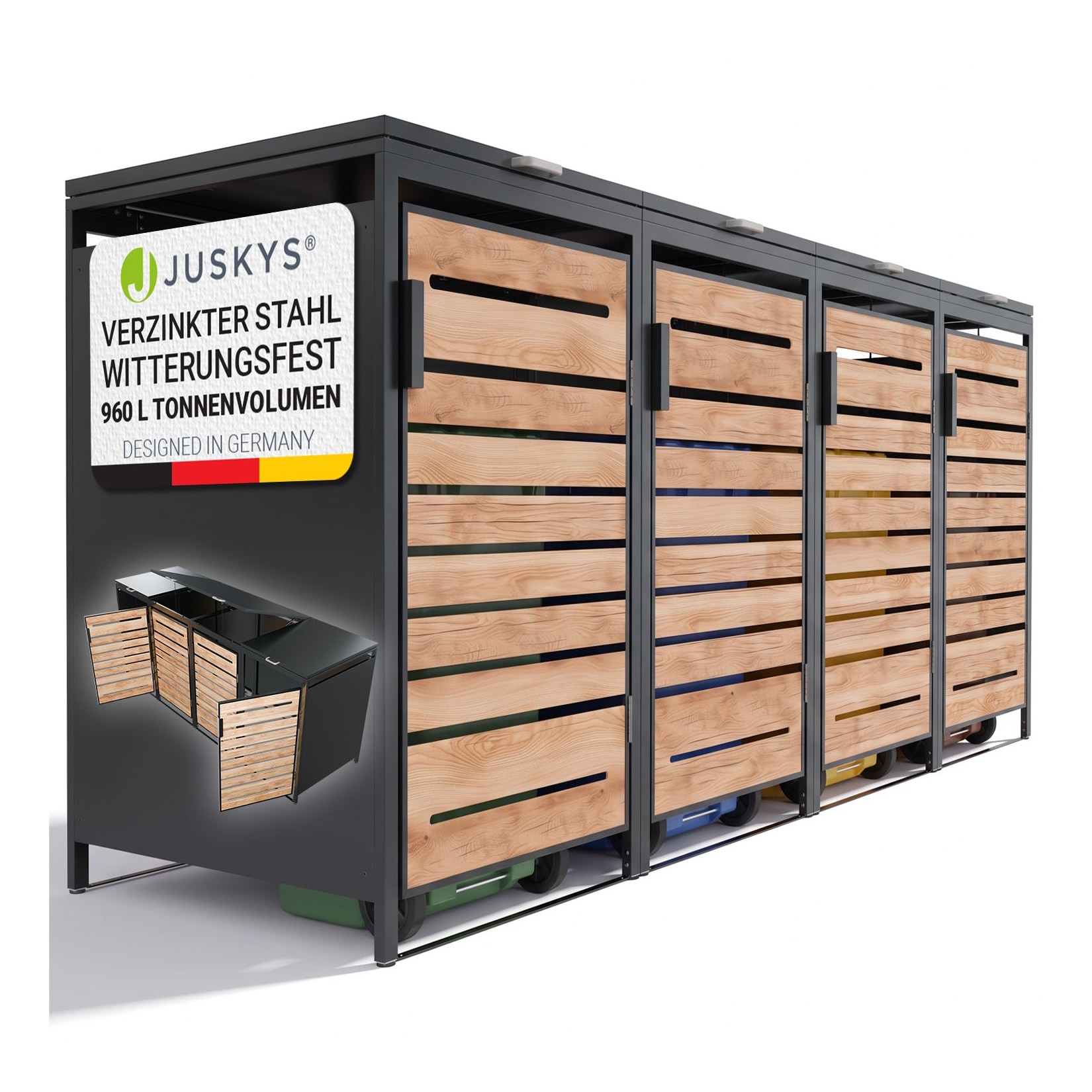JUSKYS® Mülltonnenbox Arel 4er - Metall Gartenbox für 120l bzw. 240l Mülltonnen - Aufbewahrungsbox mit Gasdruckfeder - Anthrazit mit Holztür