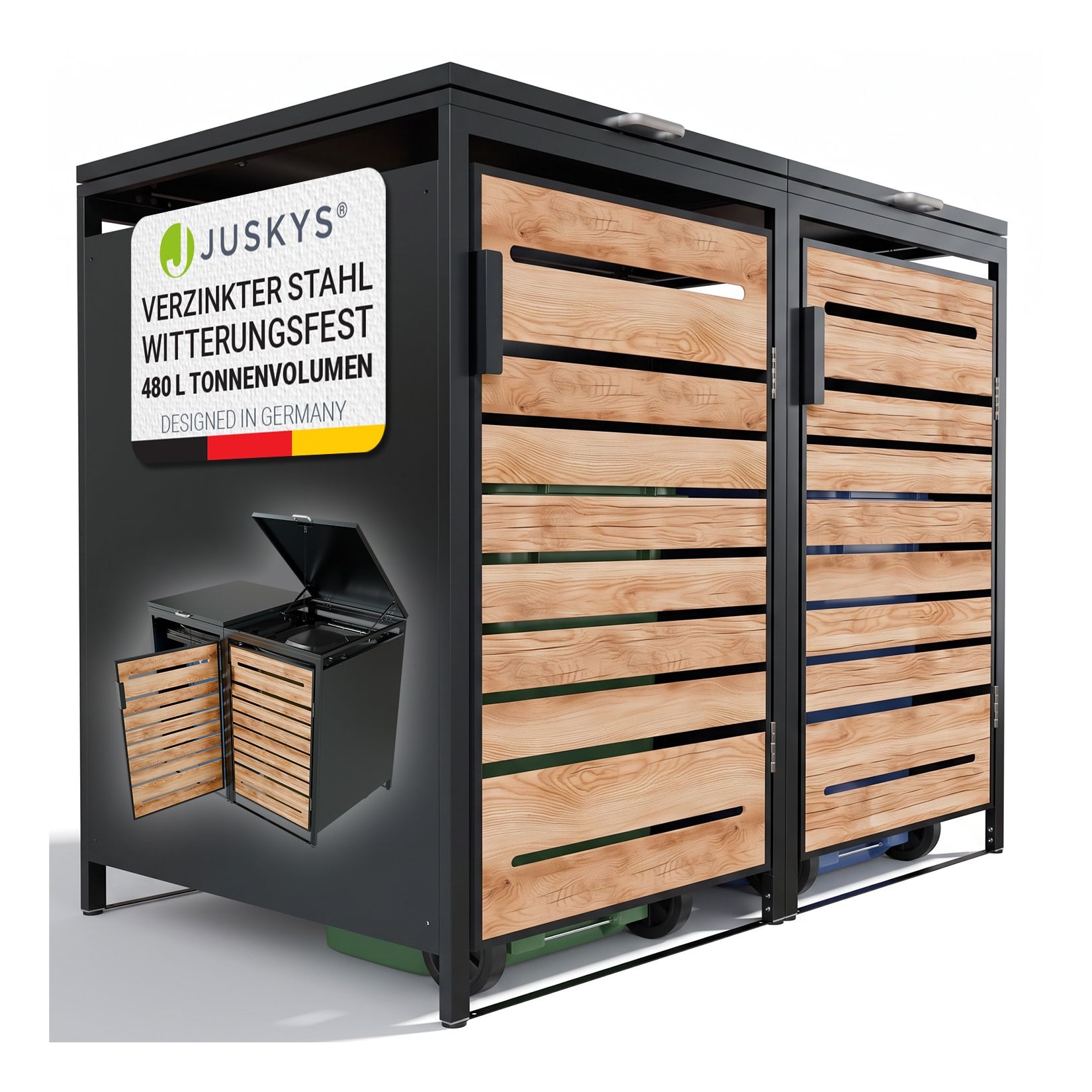 JUSKYS® Mülltonnenbox Arel 2er - Metall Gartenbox für Mülltonnen - Aufbewahrungsbox Anthrazit mit Holztür