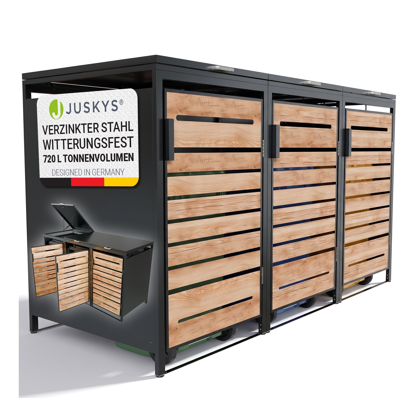 JUSKYS® Mülltonnenbox Arel 3er - Metall Gartenbox für 120l bzw. 240l Mülltonnen - Aufbewahrungsbox mit Gasdruckfeder - Anthrazit mit Holztür
