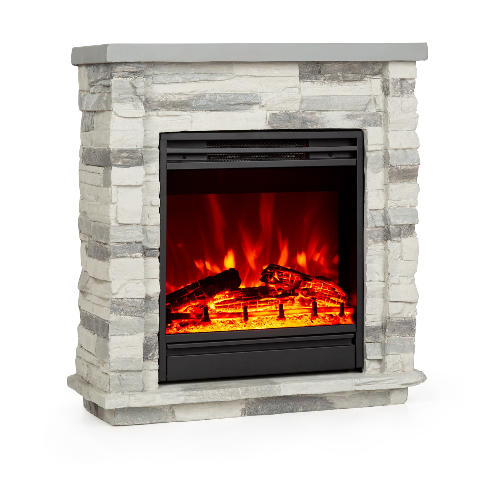 Lienz Elektrischer Kamin 1800W Steindekor Polystone Fernbedienung Steinoptik/Hellgrau