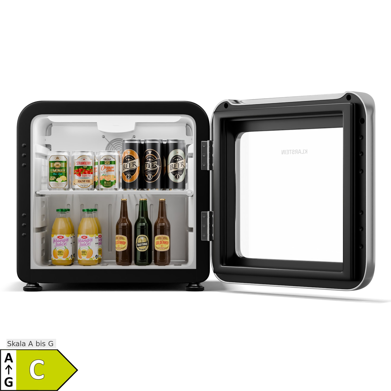 Audrey Evo Getränkekühlschrank Retro-Design Glastür 45 L EEK C Silber 46 Liter