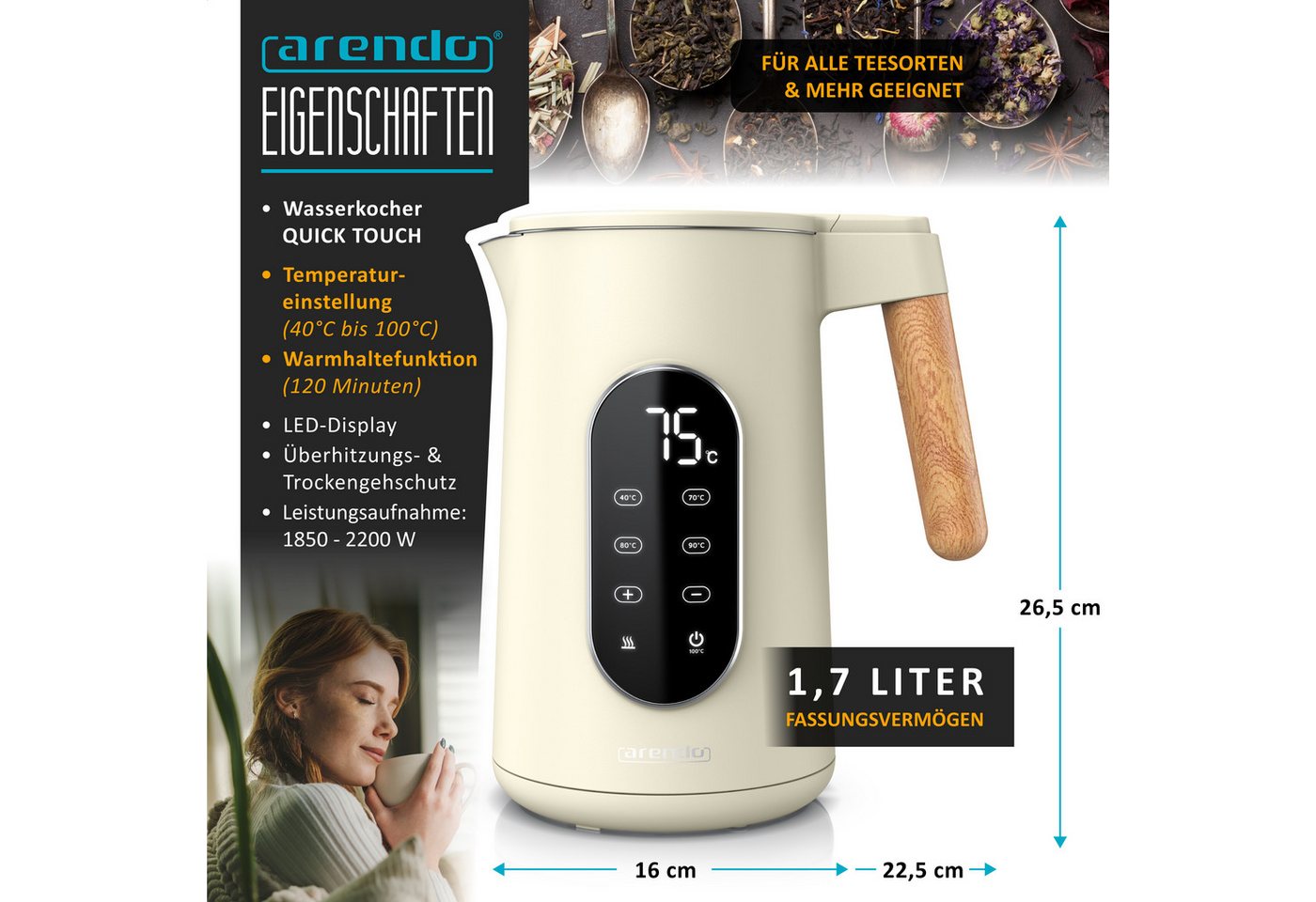 Arendo Wasserkocher, Edelstahl, Doppelwand, Temperatureinstellung 40° - 100 °C mit Anzeige, beige