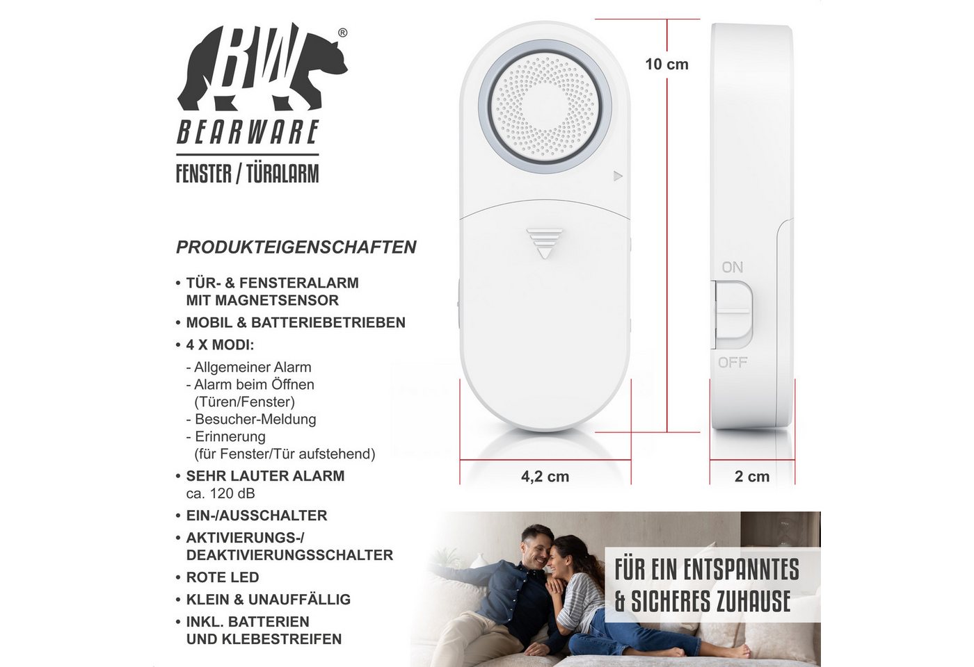 Bearware 4x Fensteralarm 120 dB, Tür- & Fenster-Sensor, Einbruchschutz, Alarmanlage, mit Batterien