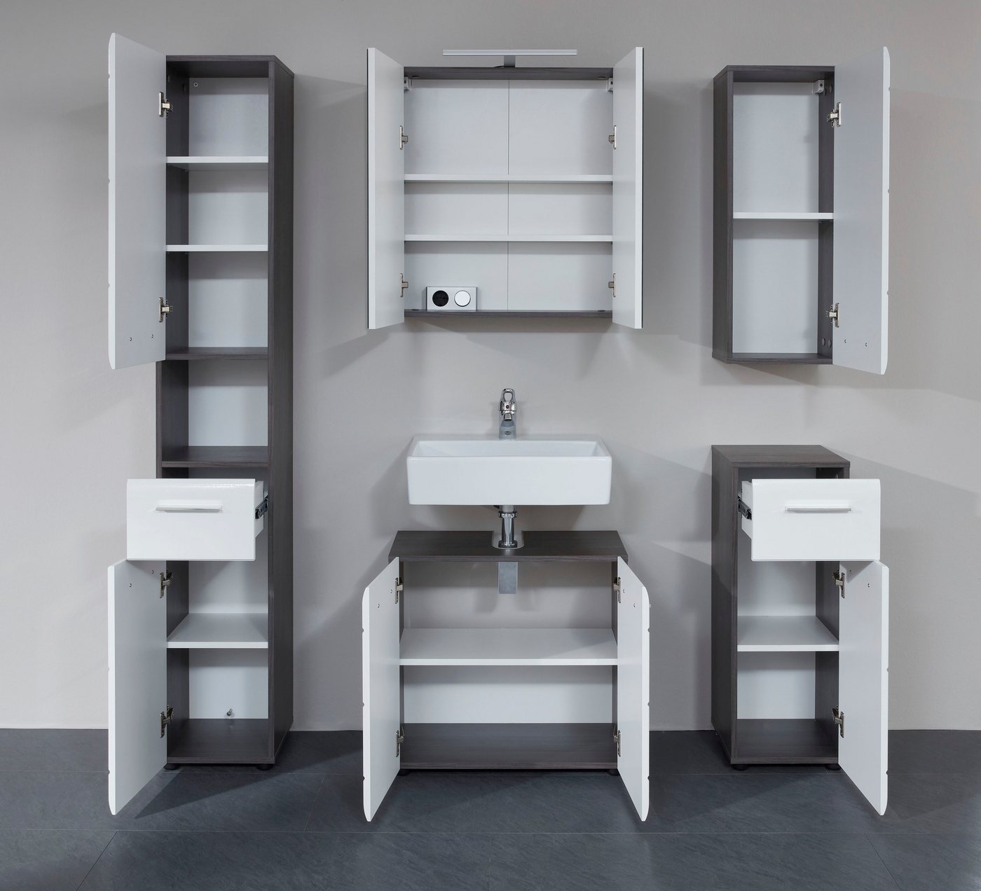 welltime Badmöbel-Set Sovana, (Set, 5-St), Badezimmermöbel mit Hochglanzfronten inklusive Aufsatzleuchte Bild 2