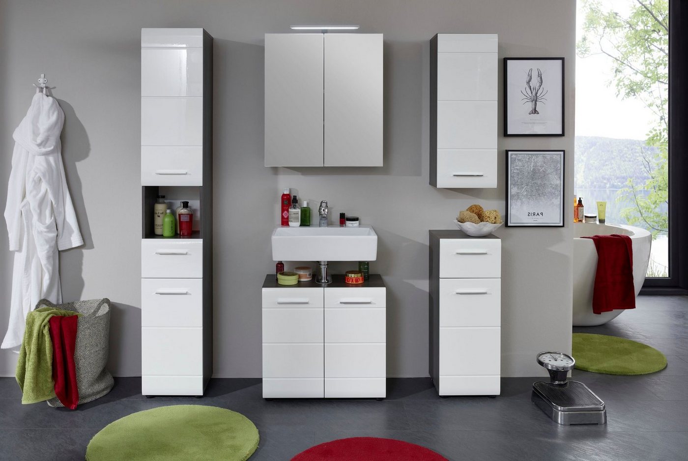 welltime Badmöbel-Set Sovana, (Set, 5-St), Badezimmermöbel mit Hochglanzfronten inklusive Aufsatzleuchte Bild 5
