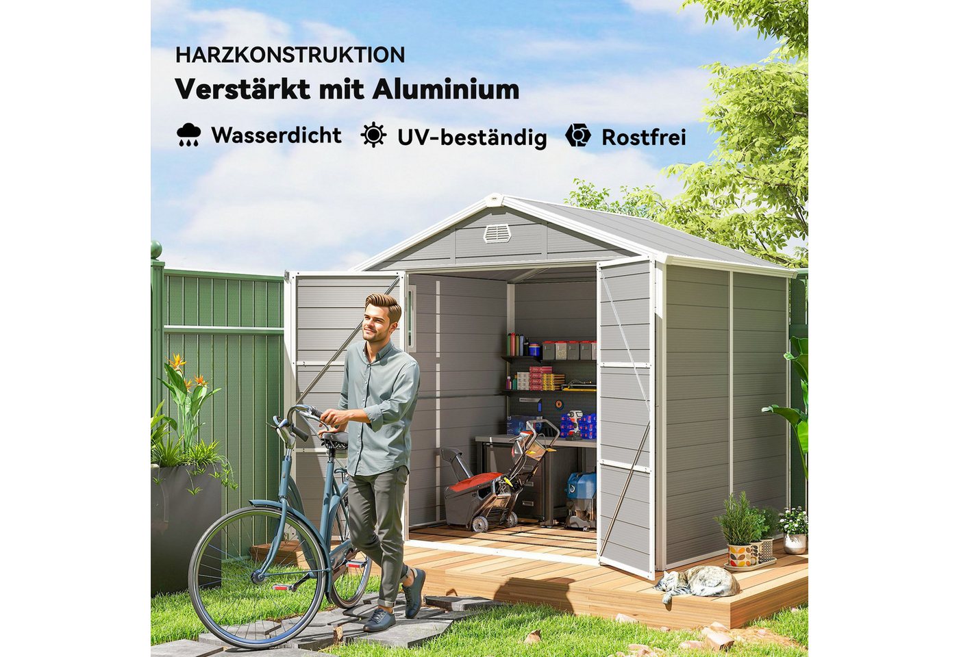 Outsunny Gerätehaus Geräteschuppen mit Satteldach, Abschließbar Tür, Gartenhaus, BxT: 240x190 cm, (4,1m², Geräteschuppen, 3 St., Kunststoff Geräteschuppen), für Hinterhof, Garten Hellgrau Bild 3