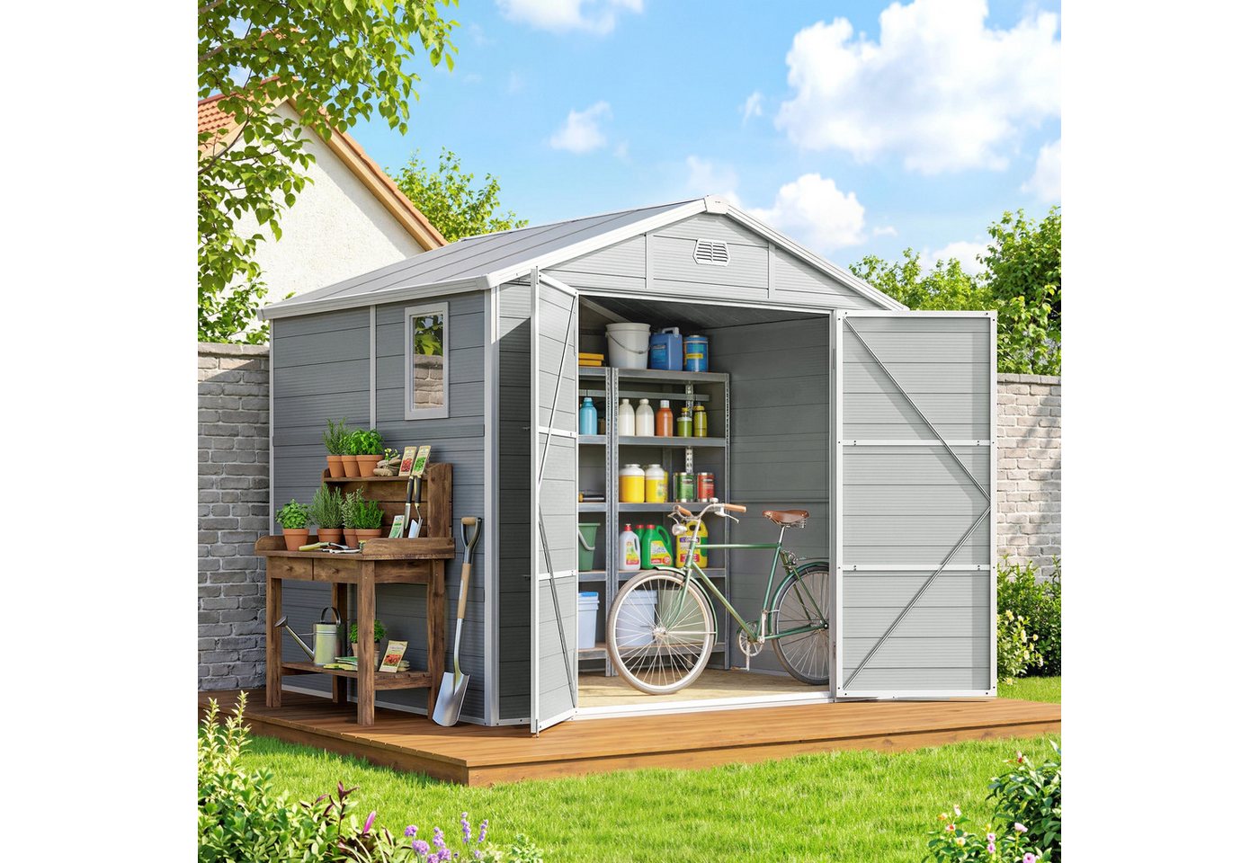 Outsunny Gerätehaus Geräteschuppen mit Satteldach, Abschließbar Tür, Gartenhaus, BxT: 240x190 cm, (4,1m², Geräteschuppen, 3 St., Kunststoff Geräteschuppen), für Hinterhof, Garten Hellgrau Bild 5