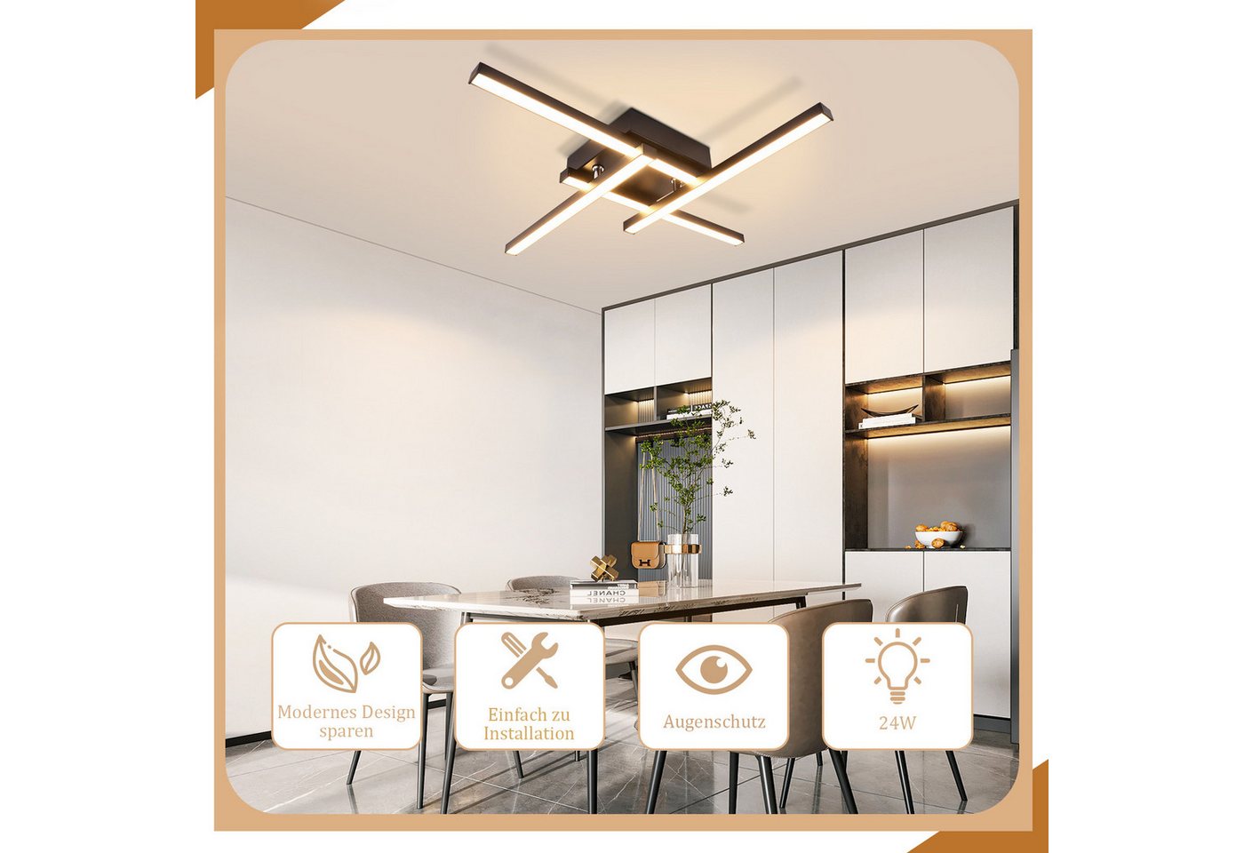 ZMH LED Deckenleuchte 4-flammig mit PC-Lichtschirm, 24 W bei 3000 K, nicht dimmbar, LED fest integriert, Warmweiß, Deckenlampe für Wohnzimmer, Schlafzimmer, Küche und Flur