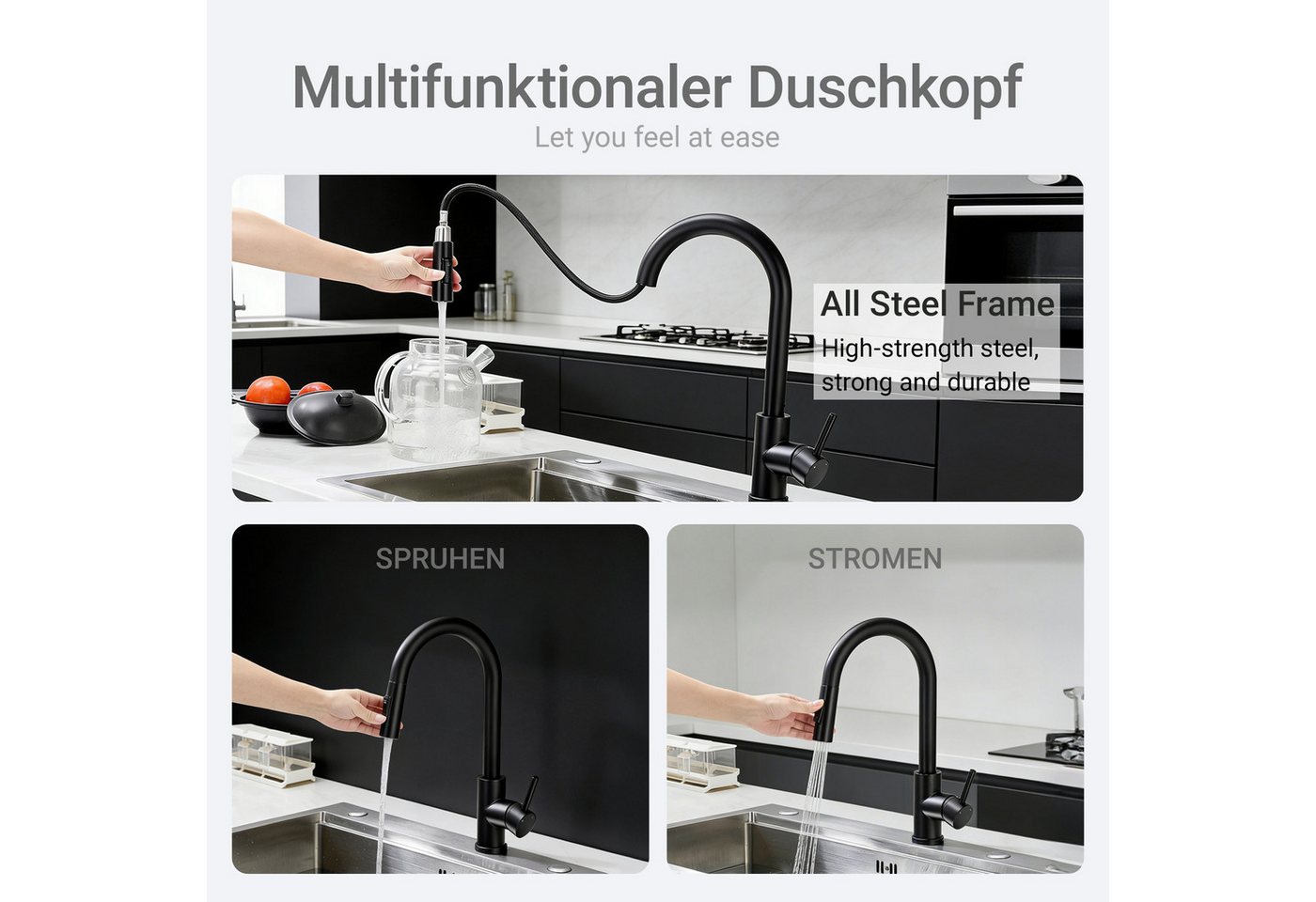 Duschparadies Küchenarmatur Einhand‑Küchenmischbatterie mit Gravitations‑Auszug 360° drehbar (Spültischarmaturen, 1-St., Mischbatterie Küche) Hochdruckhahn Bild 2