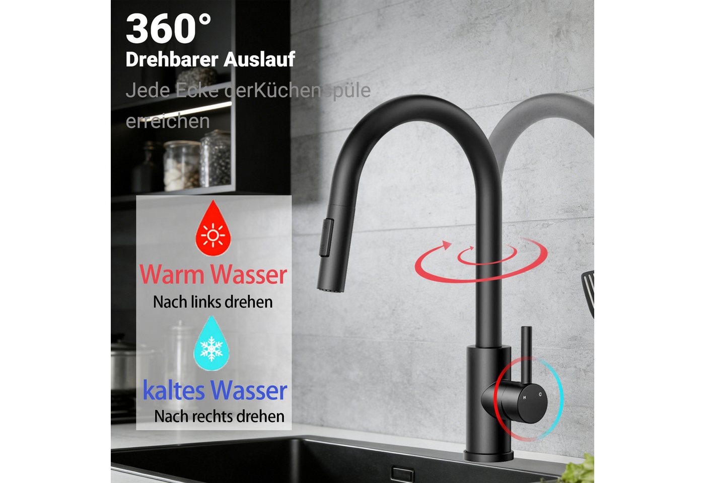 Duschparadies Küchenarmatur Einhand‑Küchenmischbatterie mit Gravitations‑Auszug 360° drehbar (Spültischarmaturen, 1-St., Mischbatterie Küche) Hochdruckhahn Bild 4