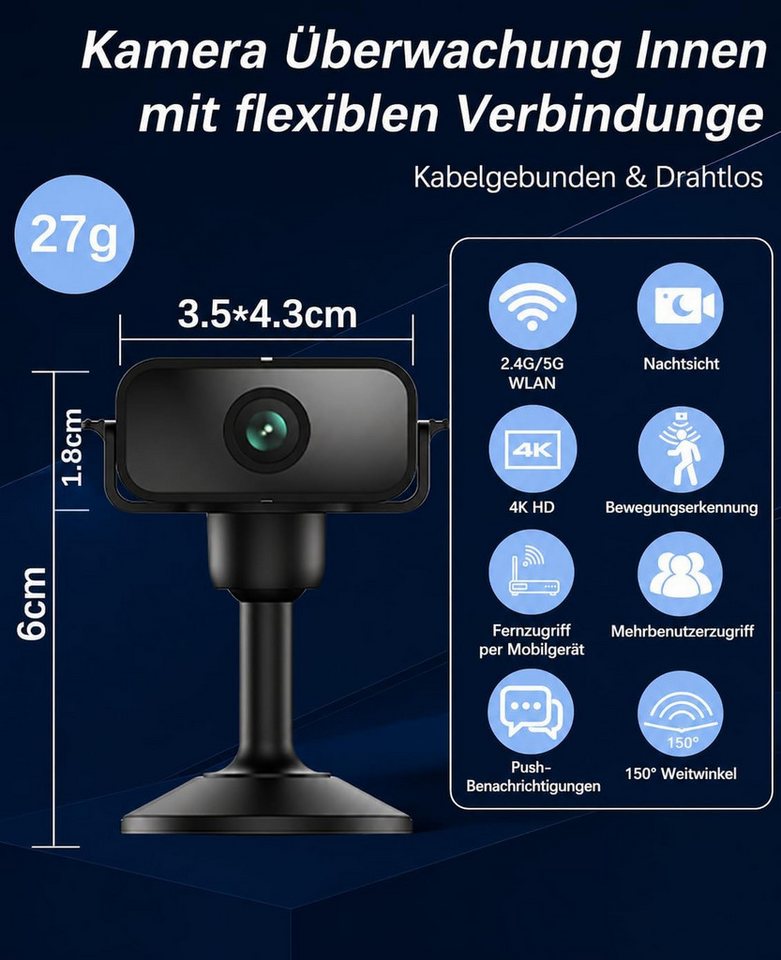 SpionProfi Überwachungskamera 4K Wifi Mini Kamera 2,4/5 Ghz Wlan Innenkamera mit Nachtsicht 150° (Innenbereich, 1-tlg., Wifi Wlan Live 4K Kamera mit Bewegungsmelder für Haus Büro uvm) Bild 2