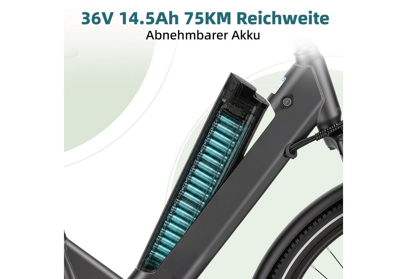 OOTD E-Bike Cityrad 26" 36V 14,5Ah Akku bis 75km, 250W Heckmotor, Shimano 7‑Gang‑Schaltung, 7 Gang Shimano ARDTZ500GSD Schaltwerk, Kettenschaltung, Hinterradmotor, 522 Wh, Tiefer Einstiegherausnehmbarer Akkugefederte Sattelstütze