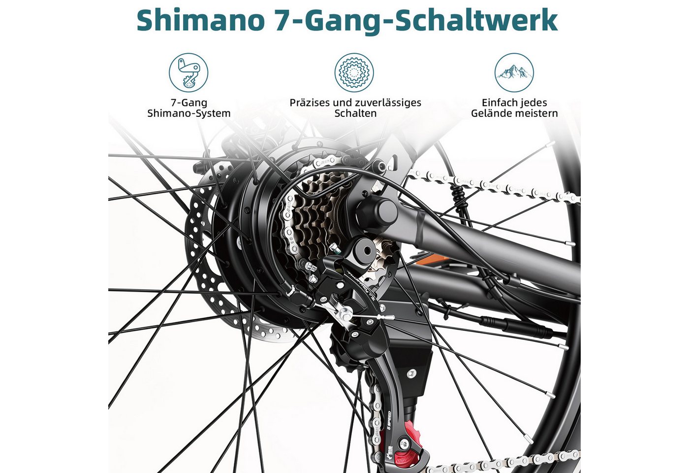 OOTD E-Bike Cityrad 26" 36V 14,5Ah Akku bis 75km, 250W Heckmotor, Shimano 7‑Gang‑Schaltung, 7 Gang Shimano ARDTZ500GSD Schaltwerk, Kettenschaltung, Hinterradmotor, 522 Wh, Tiefer Einstiegherausnehmbarer Akkugefederte Sattelstütze Bild 3