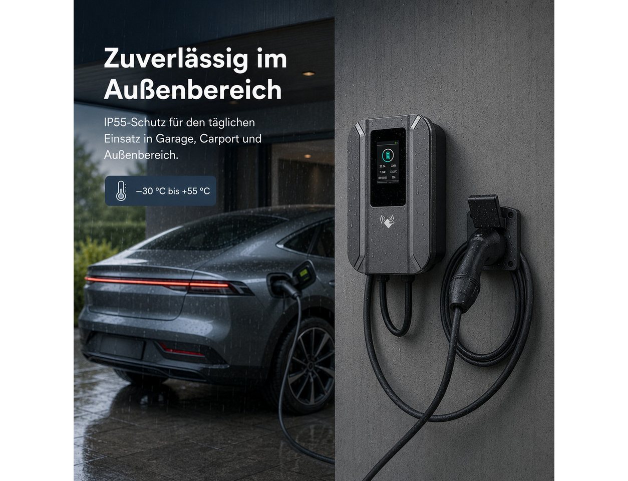 Lisabonde Elektroauto-Ladestation Wallbox Ladestation 7,4kW Typ 2 für Elektroautos, 5m Kabel & RFID, Wallbox 11kW / 32A, 1-phasig, Einzelstation, 1x Wallbox inkl. 5m Kabel, 2x RFID-Karten, 1x Montageset, RFID-Zugangskontrolle, Echtzeit-Temperaturüberwachung