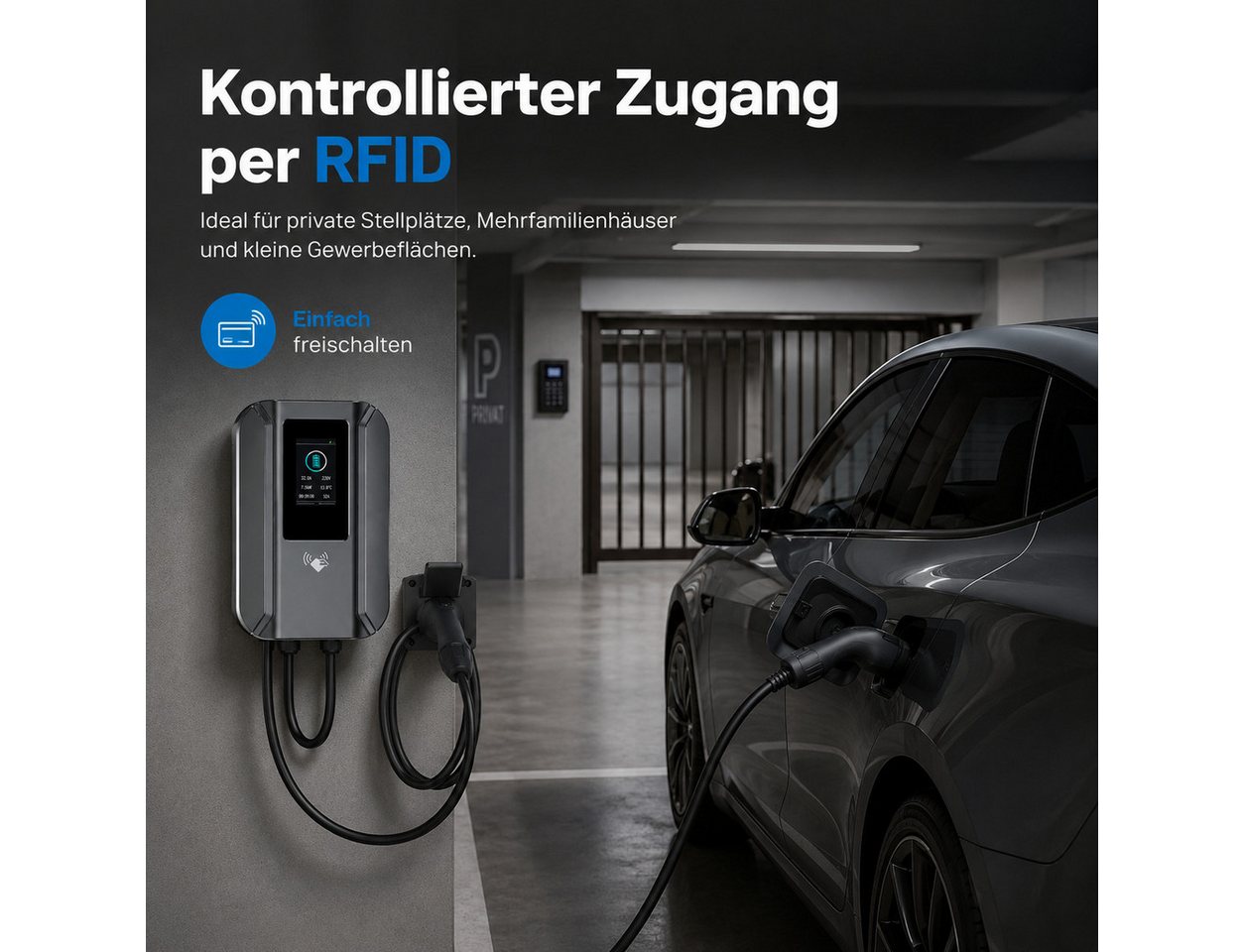 Lisabonde Elektroauto-Ladestation Wallbox Ladestation 7,4kW Typ 2 für Elektroautos, 5m Kabel & RFID, Wallbox 11kW / 32A, 1-phasig, Einzelstation, 1x Wallbox inkl. 5m Kabel, 2x RFID-Karten, 1x Montageset, RFID-Zugangskontrolle, Echtzeit-Temperaturüberwachung Bild 2