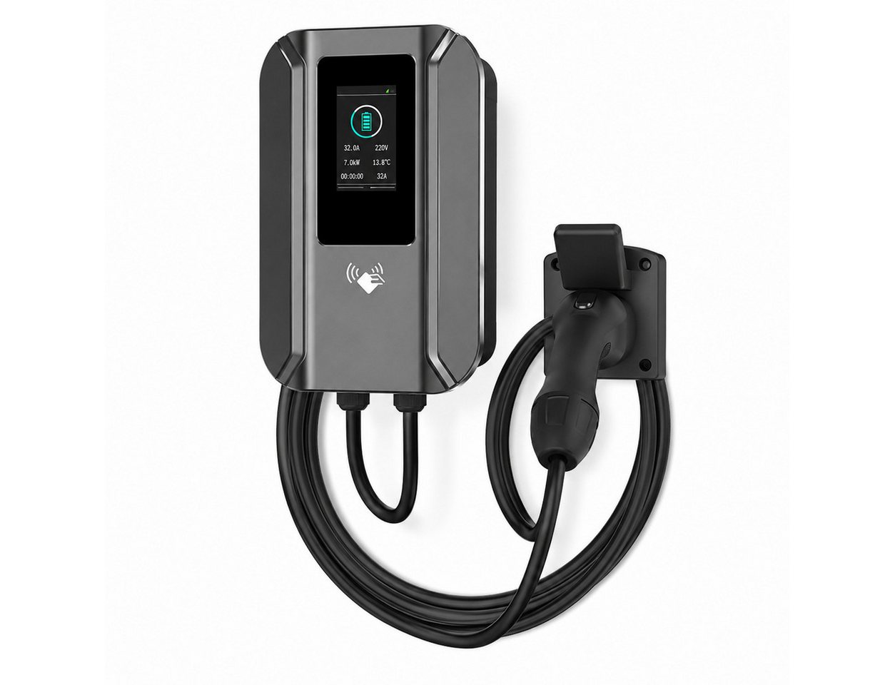 Lisabonde Elektroauto-Ladestation Wallbox Ladestation 7,4kW Typ 2 für Elektroautos, 5m Kabel & RFID, Wallbox 11kW / 32A, 1-phasig, Einzelstation, 1x Wallbox inkl. 5m Kabel, 2x RFID-Karten, 1x Montageset, RFID-Zugangskontrolle, Echtzeit-Temperaturüberwachung Bild 3
