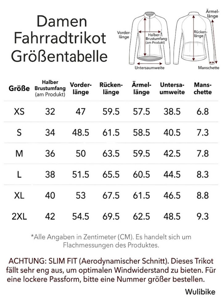 Wulibike Radtrikot Damen, Langarm Race-Fit, 4 Taschen & Quick-Dry (1-tlg) 3 reguläre Taschen und eine verbesserte