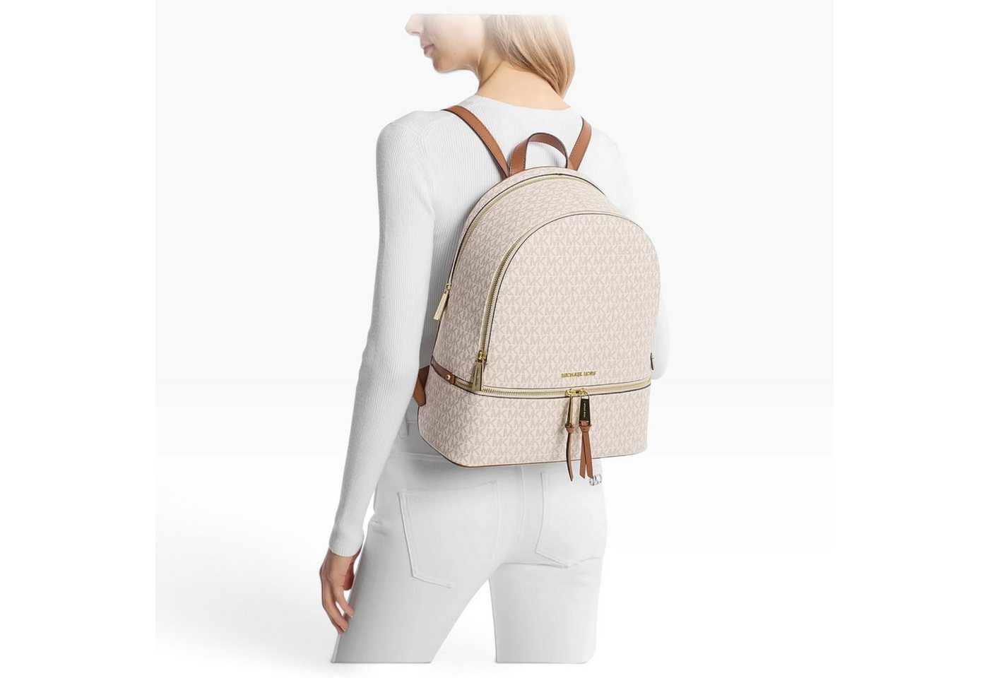 MICHAEL KORS Rucksack Michael Kors Rhea Large Rucksack Vanilla Logo Canvas Gold Bild 2