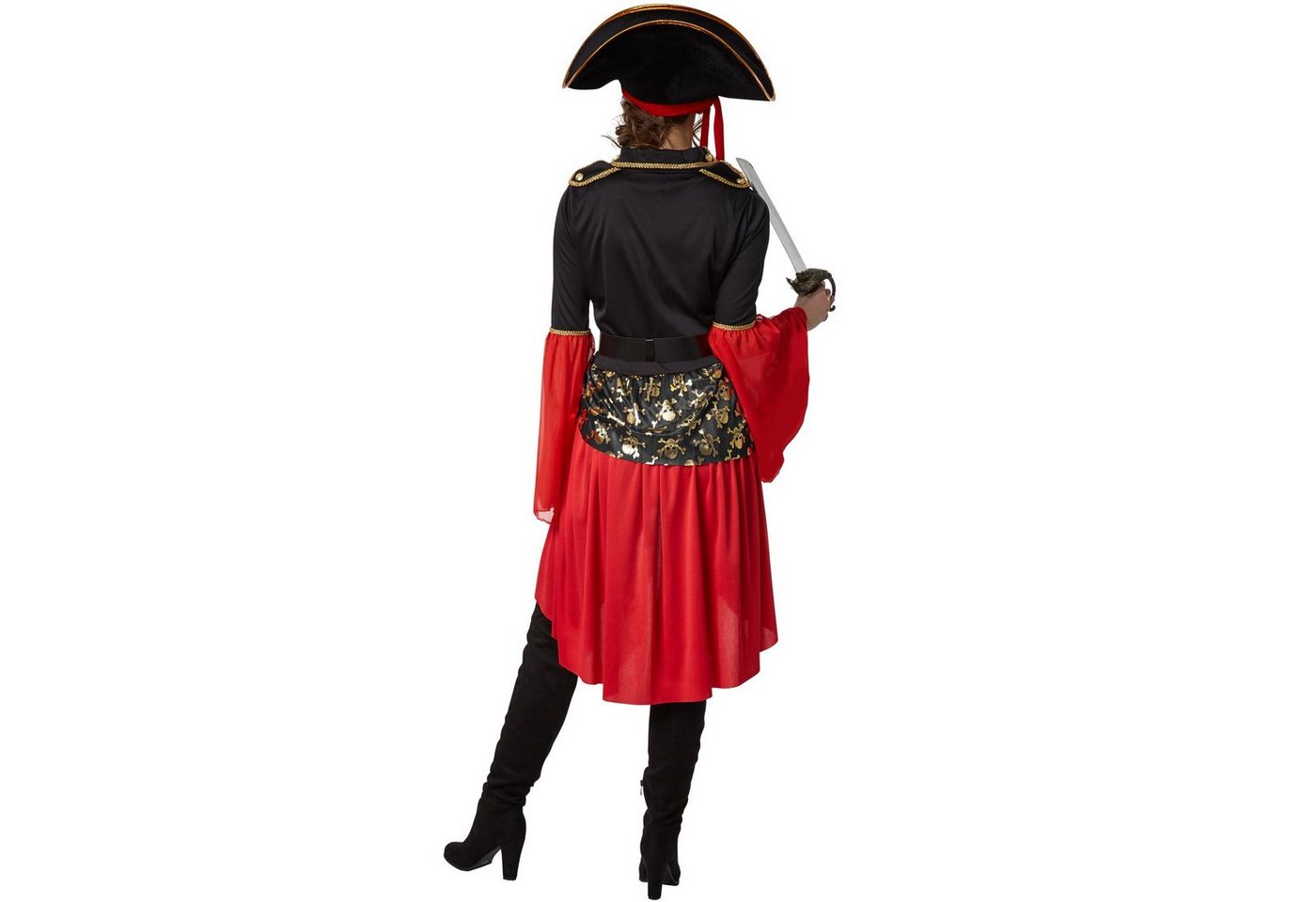 dressforfun Piraten-Kostüm Seeräuber, auch Freibeuter, Breit auslaufende goldverzierte Ärmel, in schwarz/rot, Gr. XL, Gürtel, Dekorative Schnürung am Dekolleté Bild 2