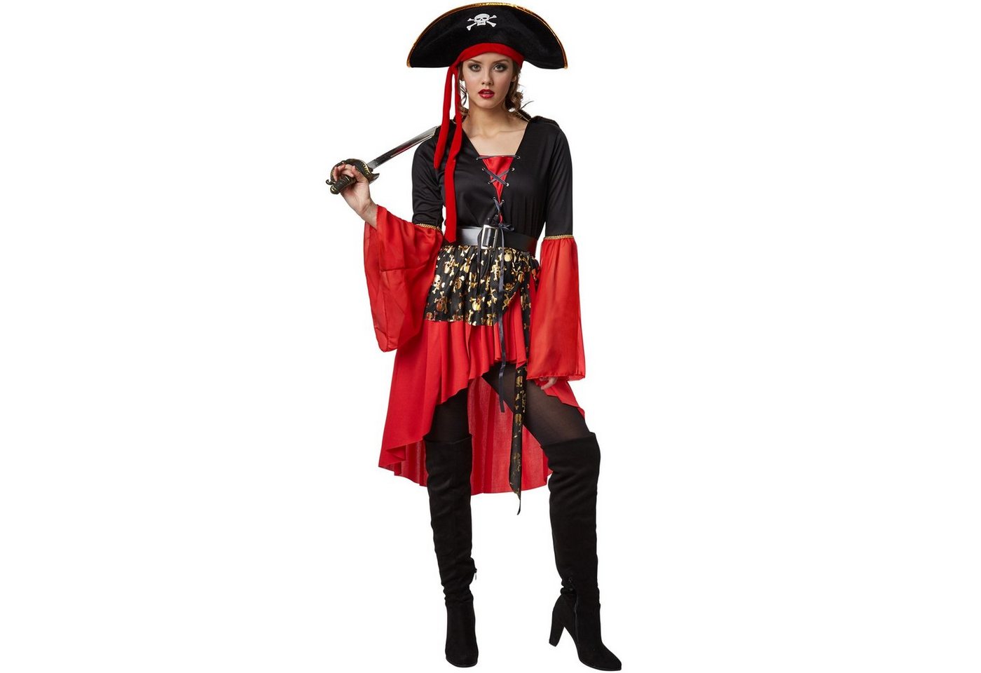 dressforfun Piraten-Kostüm Seeräuber, auch Freibeuter, Breit auslaufende goldverzierte Ärmel, in schwarz/rot, Gr. XL, Gürtel, Dekorative Schnürung am Dekolleté Bild 4