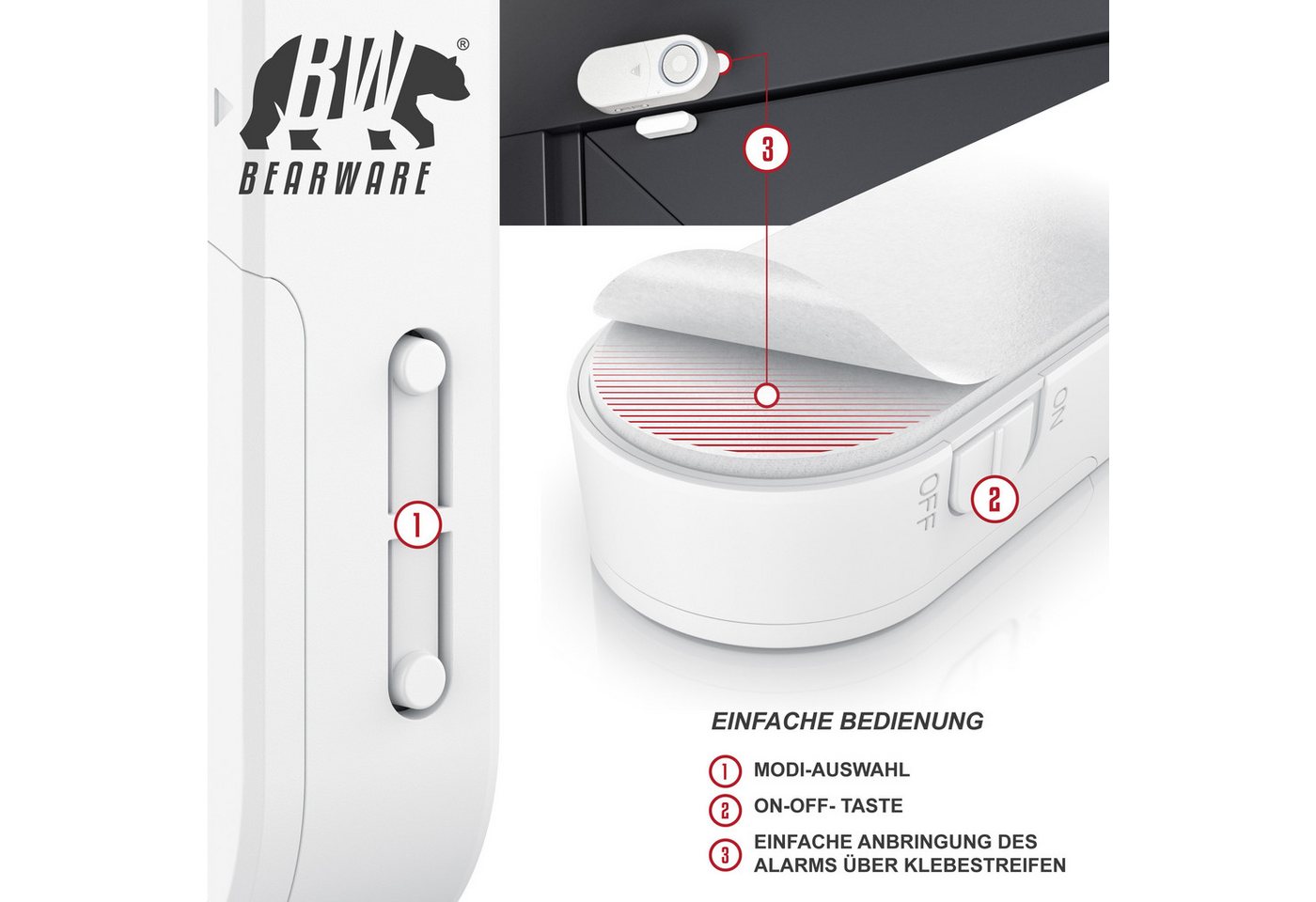 Bearware 3x Fensteralarm 120 dB, Tür- & Fenster-Sensor, Einbruchschutz, Alarmanlage, mit Batterien Bild 3