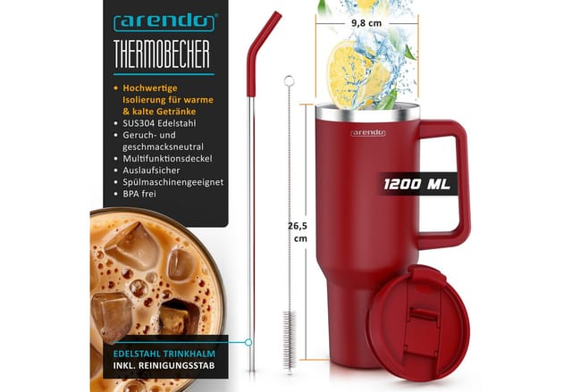 Arendo Thermobecher, Tumbler 1200 ml, Becher mit Deckel, Henkel und Strohhalm, Thermal Mug, dunkelrot