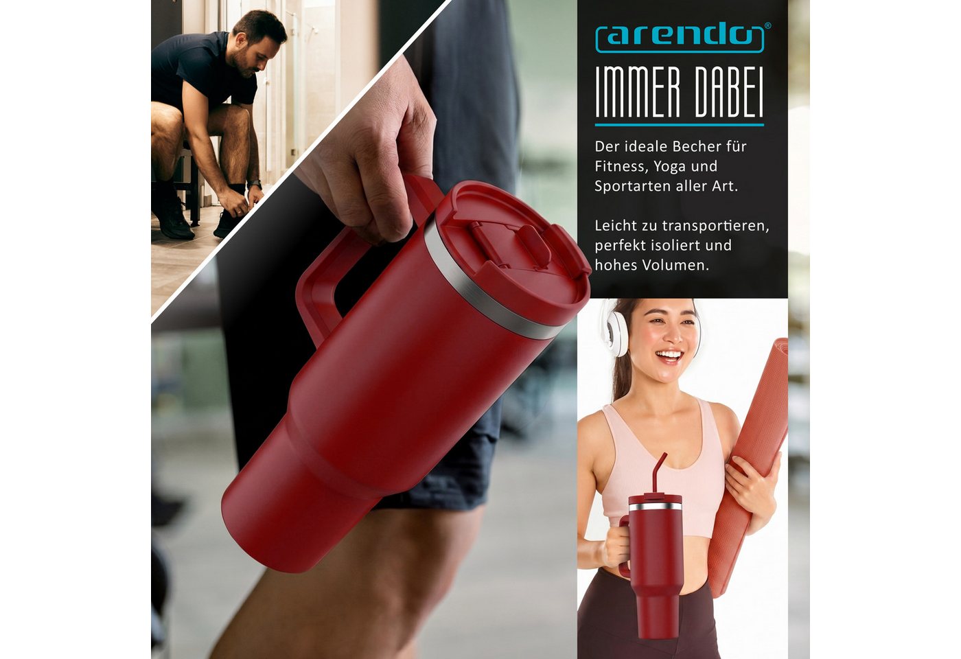 Arendo Thermobecher, Tumbler 1200 ml, Becher mit Deckel, Henkel und Strohhalm, Thermal Mug, dunkelrot Bild 2