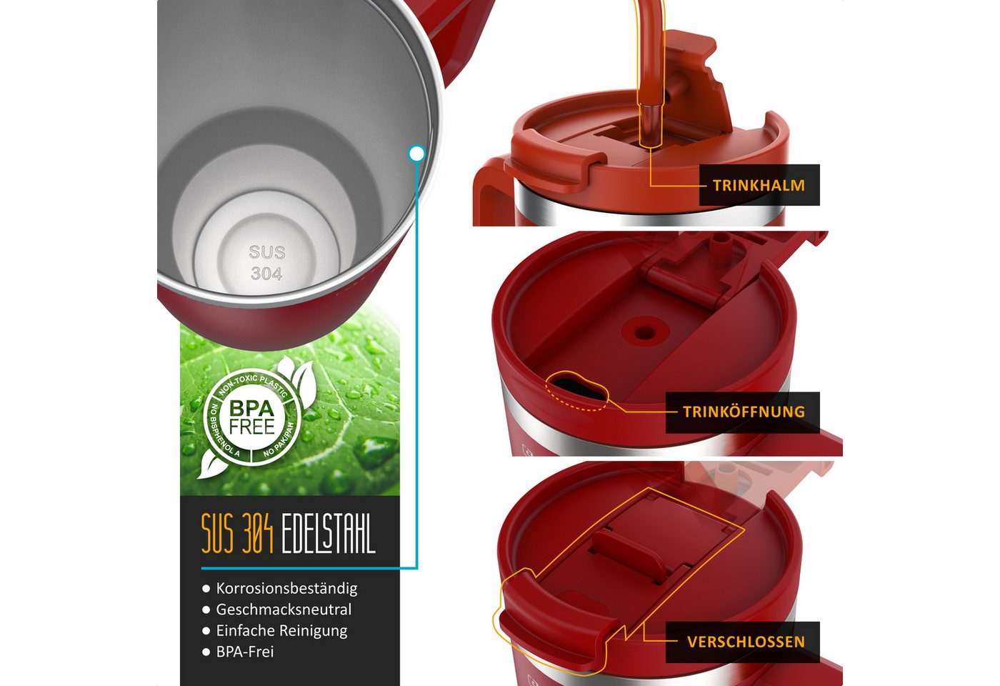 Arendo Thermobecher, Tumbler 1200 ml, Becher mit Deckel, Henkel und Strohhalm, Thermal Mug, dunkelrot Bild 3
