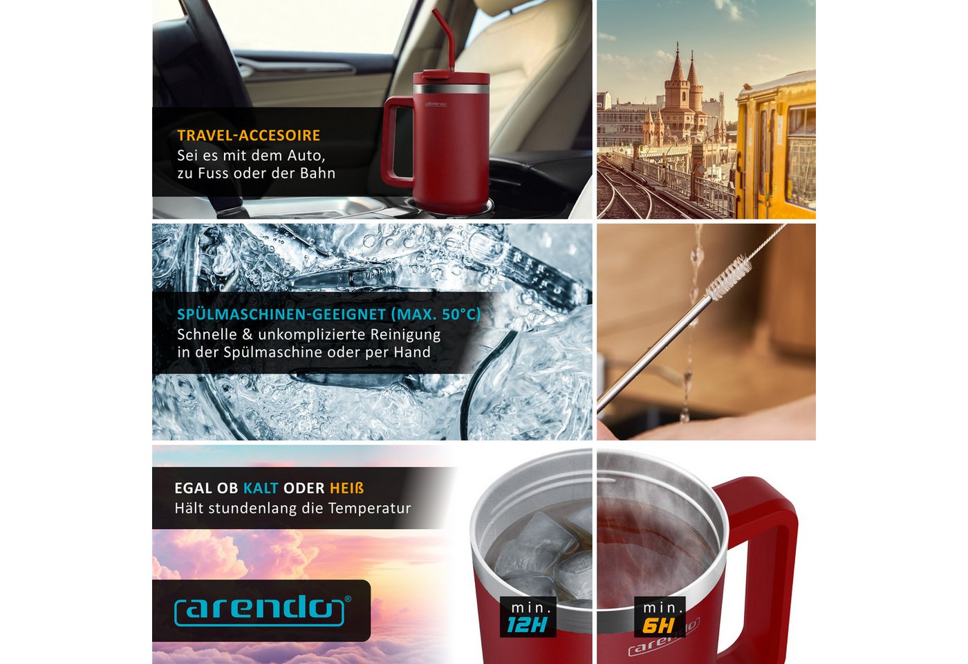 Arendo Thermobecher, Tumbler 1200 ml, Becher mit Deckel, Henkel und Strohhalm, Thermal Mug, dunkelrot Bild 4
