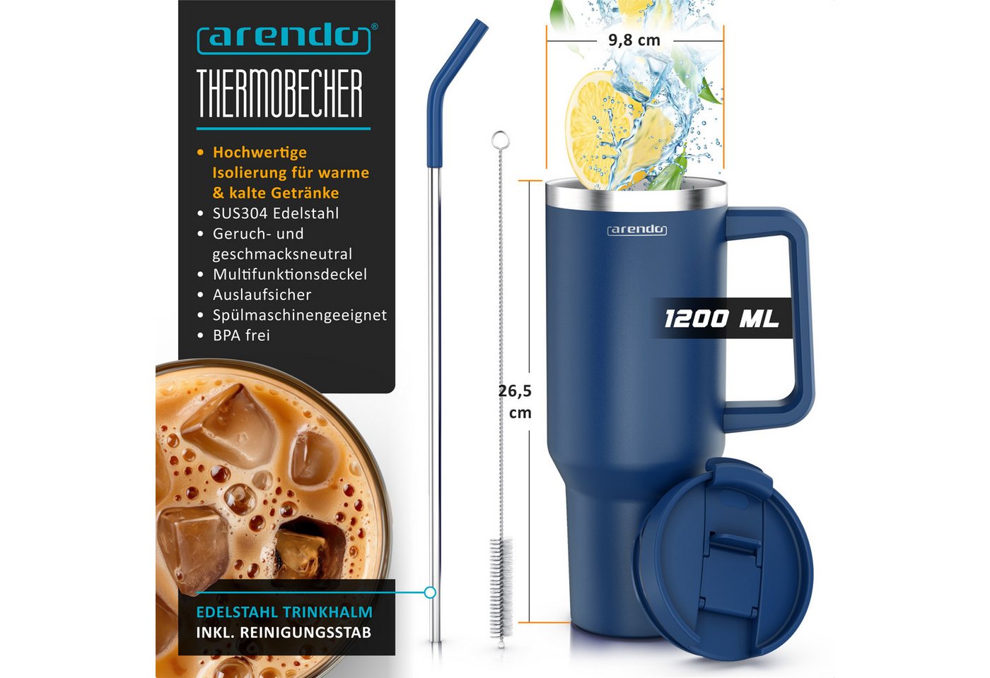 Arendo Thermobecher, Tumbler 1200 ml, Becher mit Deckel, Henkel und Strohhalm, Thermal Mug, dunkelblau