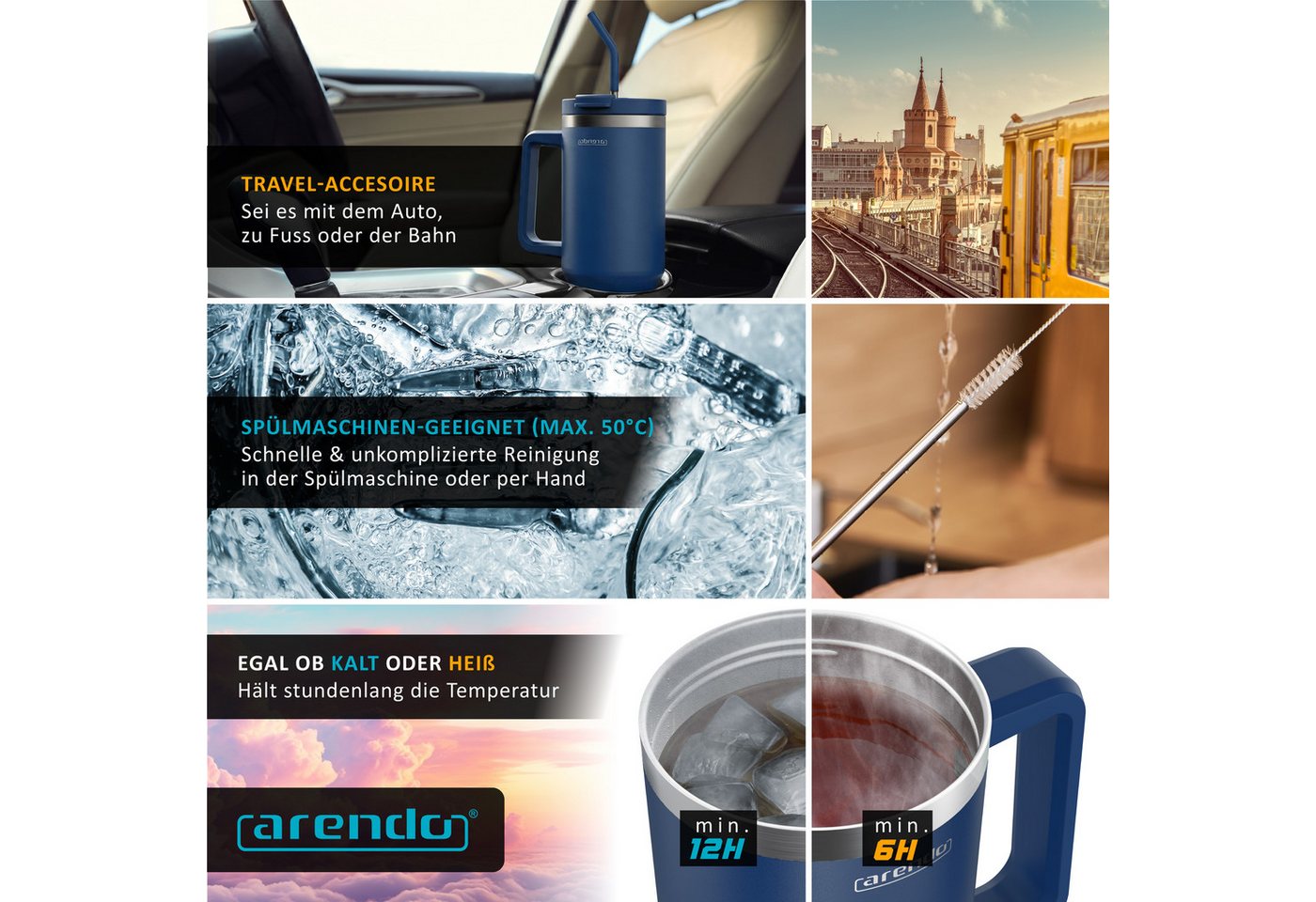 Arendo Thermobecher, Tumbler 1200 ml, Becher mit Deckel, Henkel und Strohhalm, Thermal Mug, dunkelblau Bild 2
