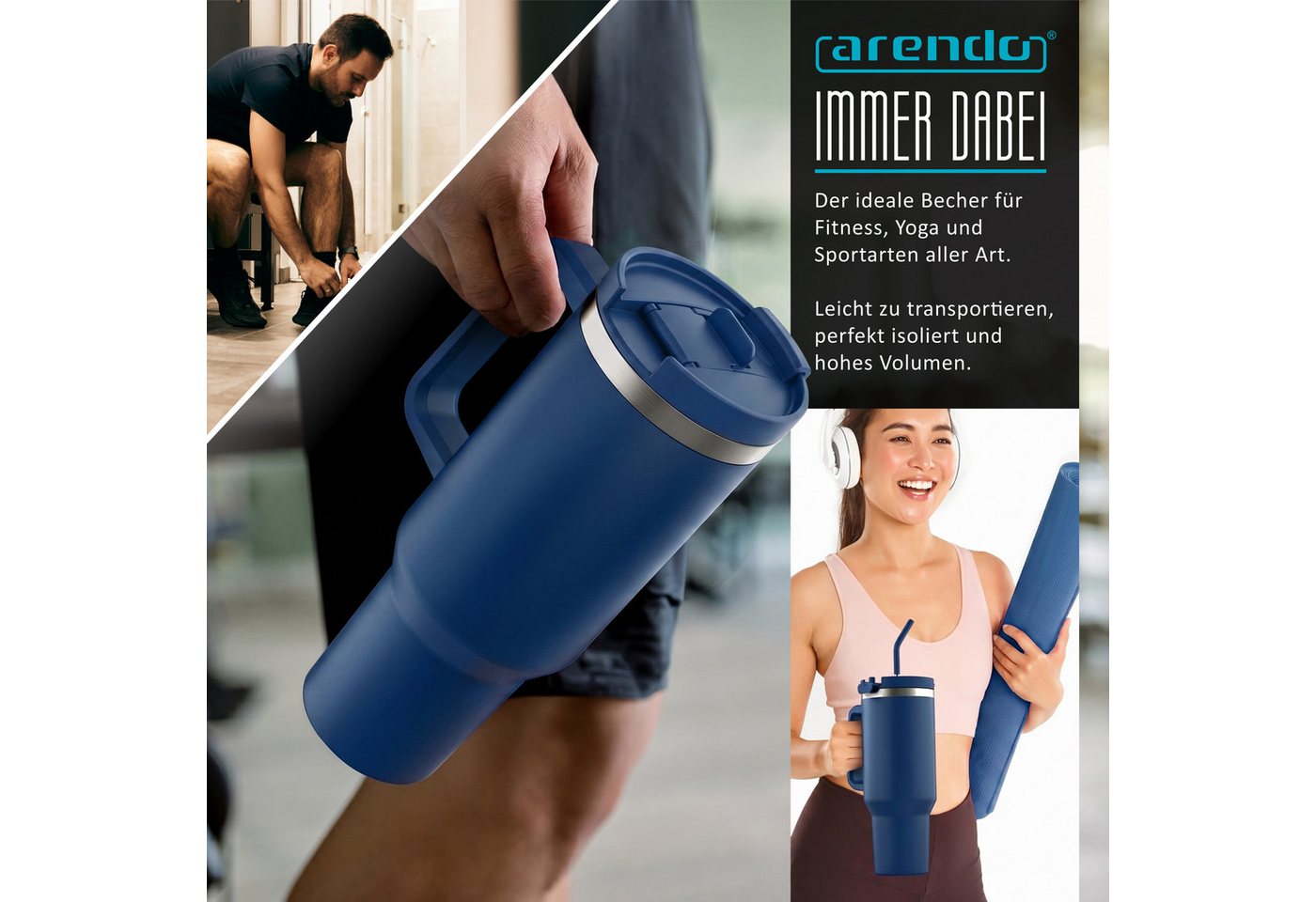 Arendo Thermobecher, Tumbler 1200 ml, Becher mit Deckel, Henkel und Strohhalm, Thermal Mug, dunkelblau Bild 3