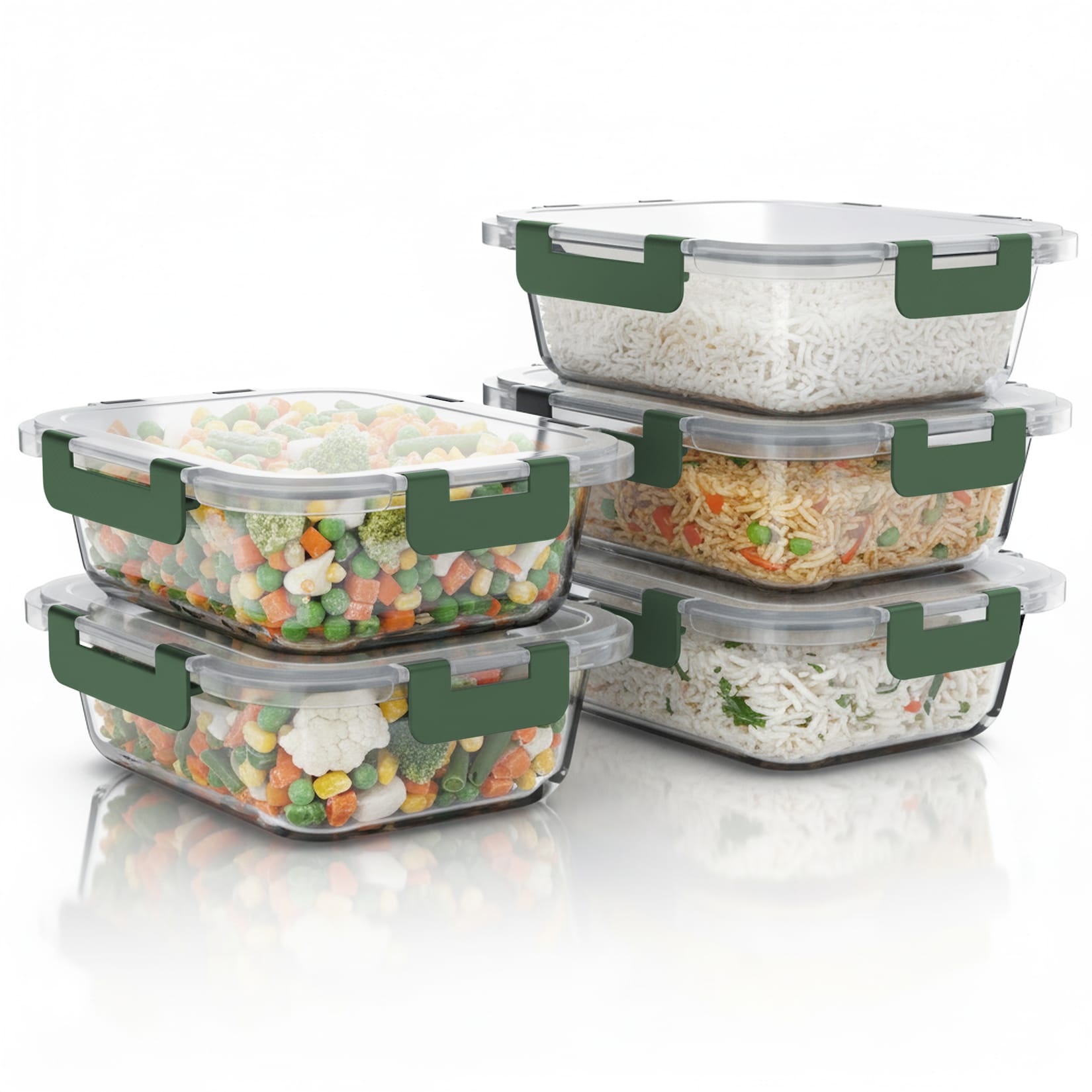 Arendo Frischhaltedose, mit Deckel 5er Set, Glas-Lunchboxen, Vorratsdosen, auslaufsicher, transparent/grün