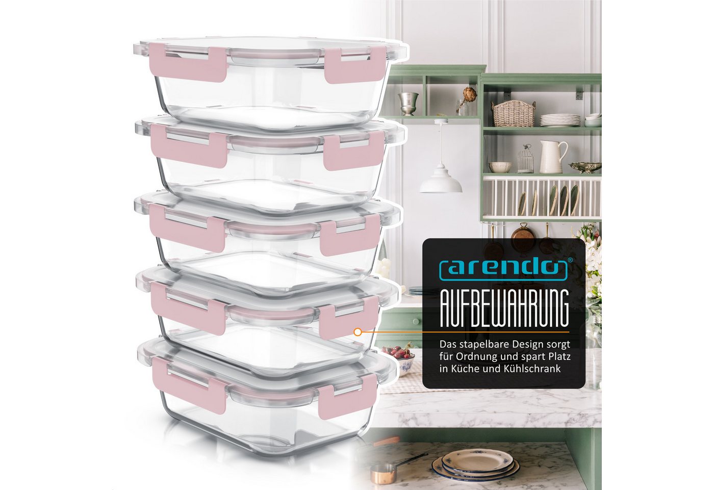 Arendo Frischhaltedose, mit Deckel 5er Set, Vorratsdosen, Glas-Lunchboxen, auslaufsicher, transparent/rosa