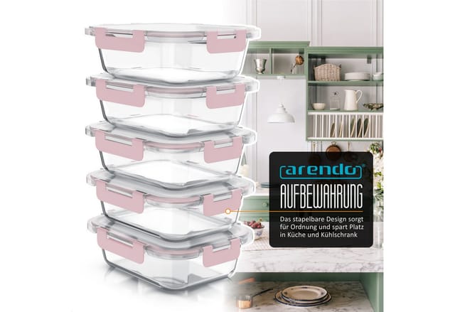 Arendo Frischhaltedose, mit Deckel 5er Set, Vorratsdosen, Glas-Lunchboxen, auslaufsicher, transparent/rosa